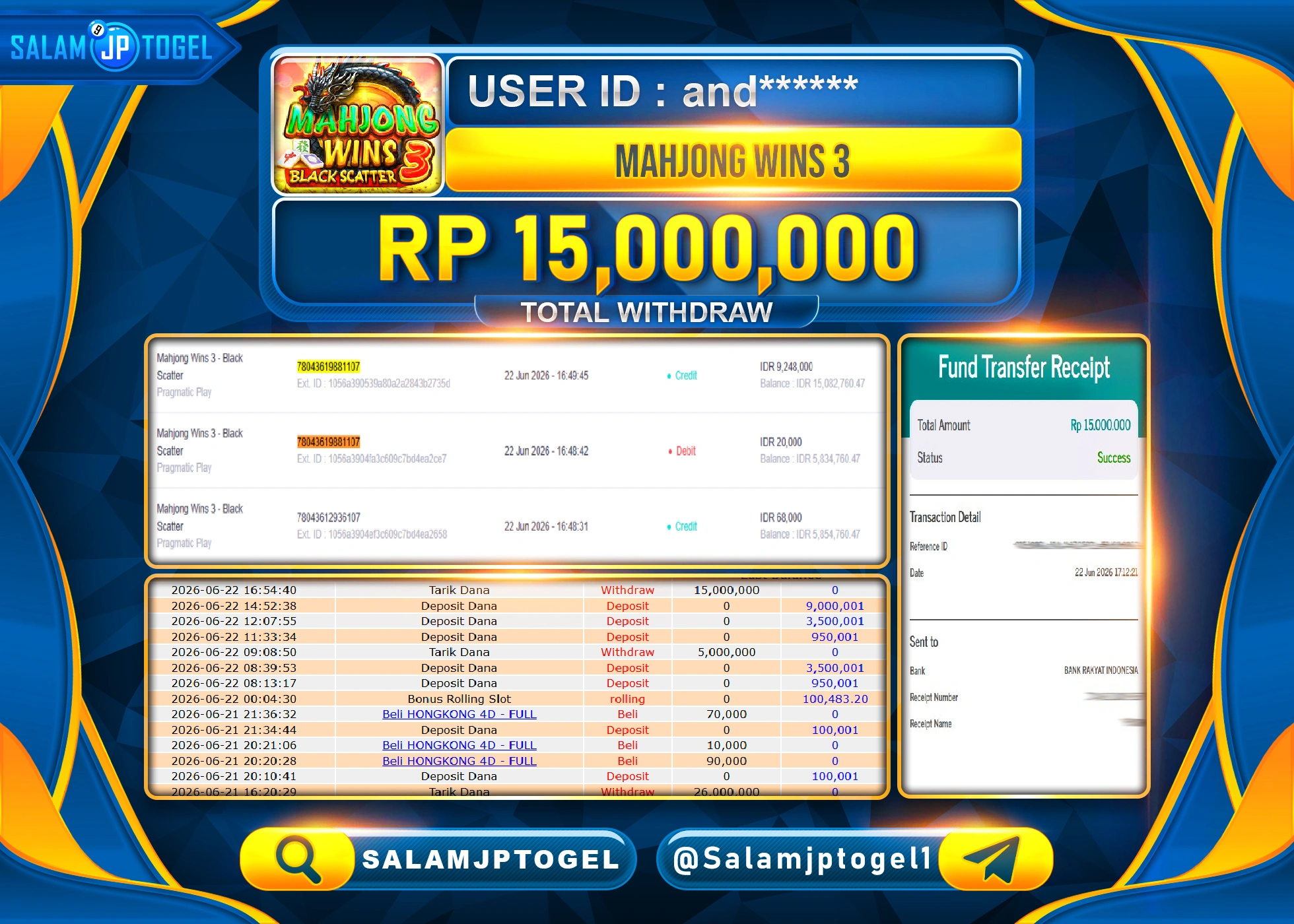 SALAMJPTOGEL JACKPOT MENANG SLOT MAHJONG WINS 3 BLACK SCATTER Rp.15,000,000 - LUNAS