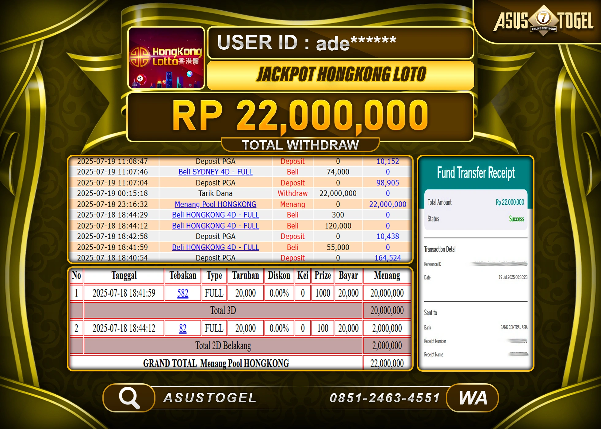 ASUSTOGEL KEMENANGAN DI TOGEL HONGKONG LOTTO SEBESAR 22,000,000- RUPIAH LUNAS