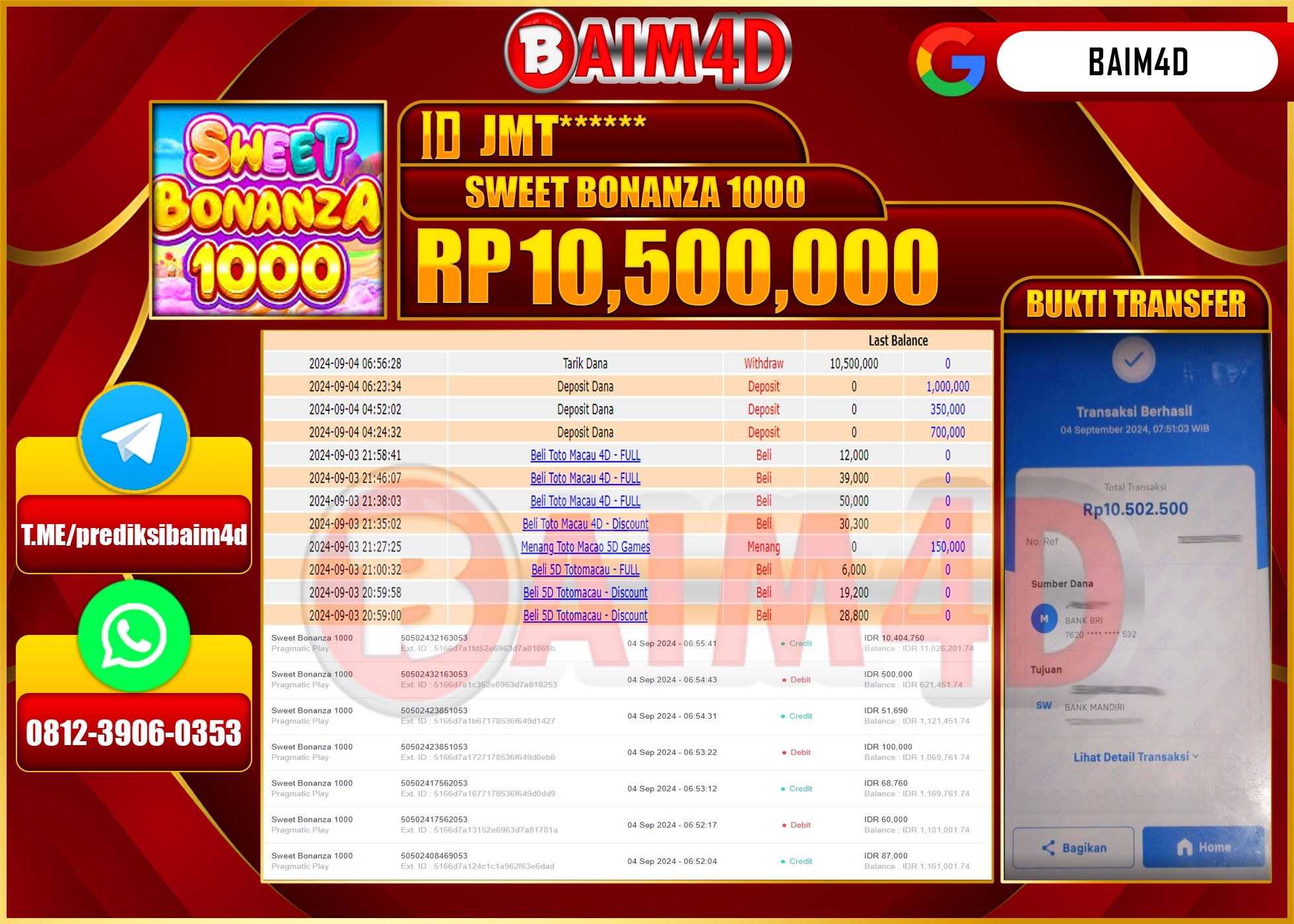 BAIM4D JACKPOT SWEET BONANZA 1000  Rp.10.500,000.- LUNAS