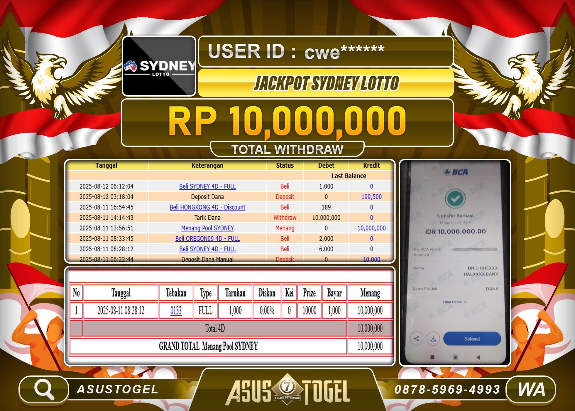 ASUSTOGEL KEMENANGAN DI TOGEL SYDNEY LOTTO SEBESAR 10,000,000- RUPIAH LUNAS