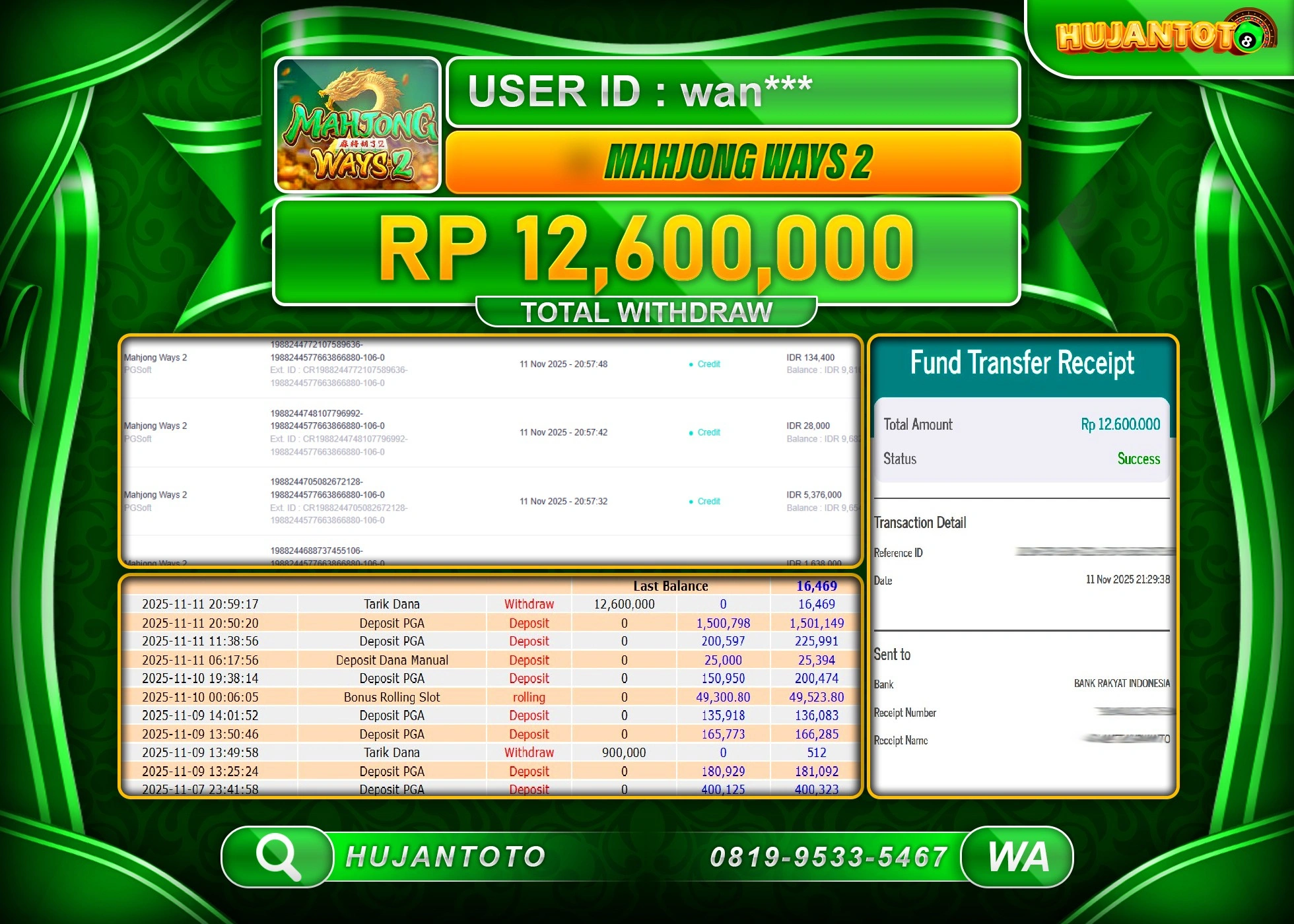 HUJANTOTO - BUKTI JACKPOT MENANG SLOT MAHJONG WAYS 2 Rp.12,600,000 - TERBAYAR LUNAS