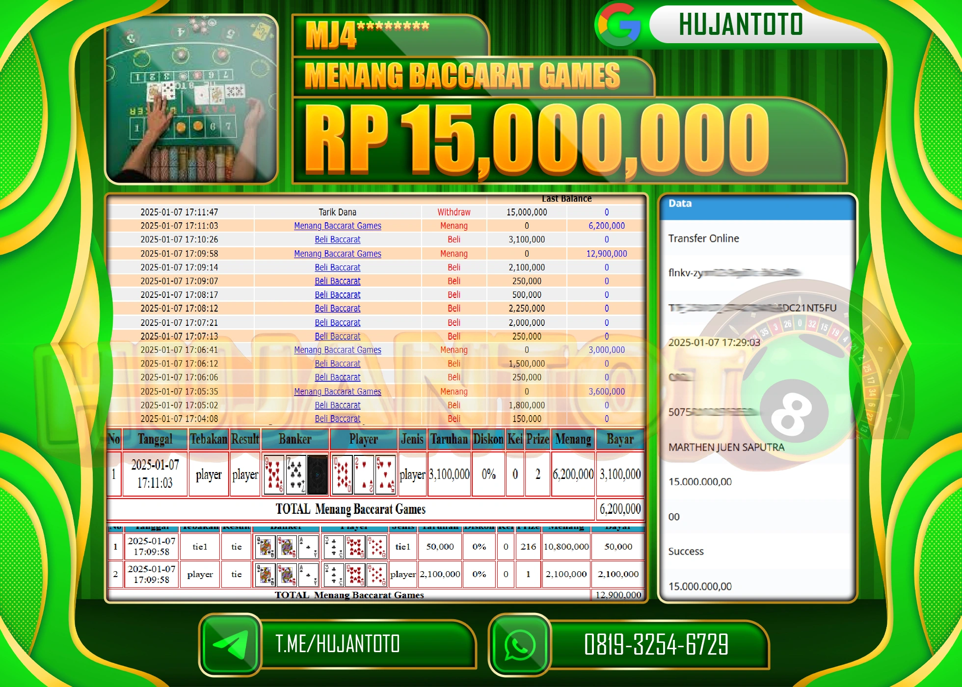 HUJANTOTO - BUKTI JACKPOT DI PERMAINAN LIVE BACCARAT GAMES Rp.15,000,000,- TERBAYAR LUNAS