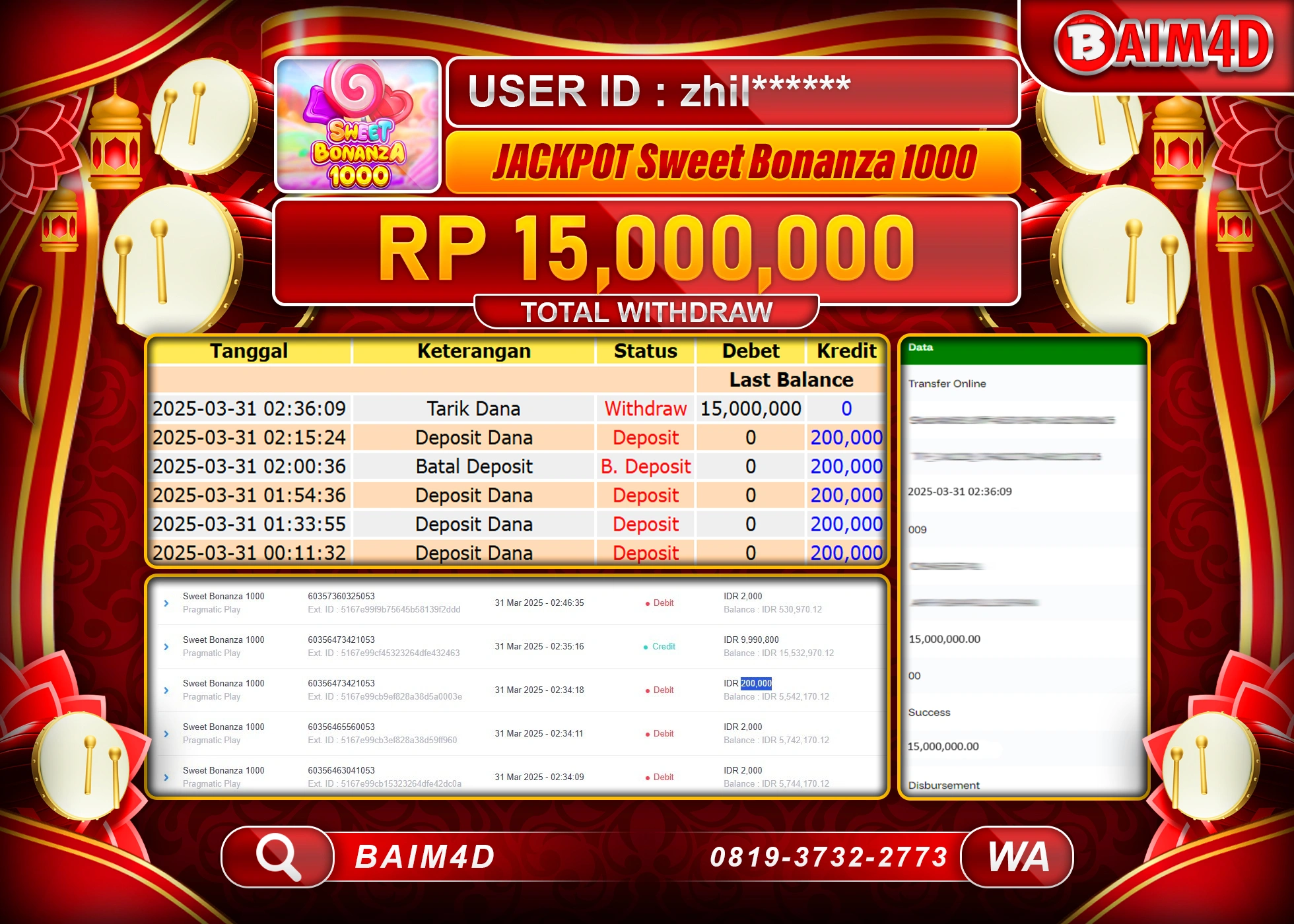 BAIM4D  MENANG SWEET BONANZA 1000 Rp.15.000,000.- LUNAS