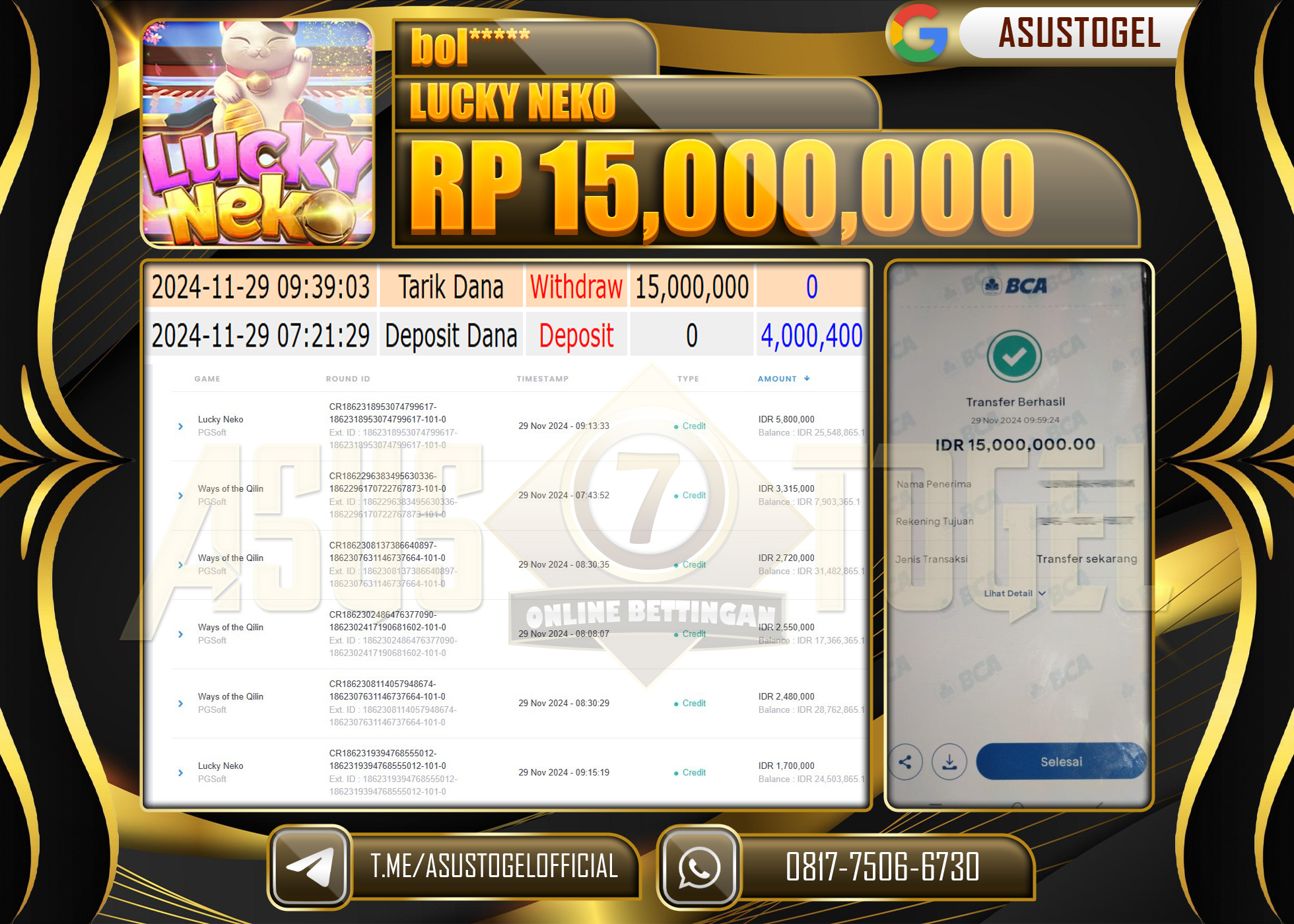 ASUSTOGEL KEMENANGAN DI PG SOFT  LUCKY NEKO  SEBESAR  15,000,000 - RUPIAH LUNAS