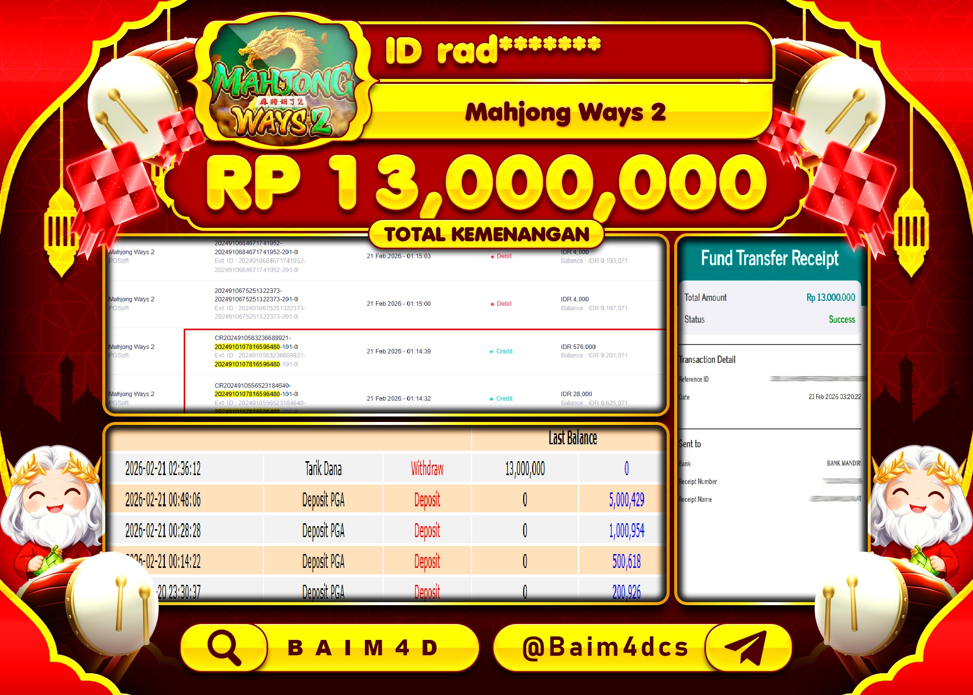 BAIM4D JACKPOT SLOT MAHJONG WAYS 2 Rp.13,000,000 - LUNAS