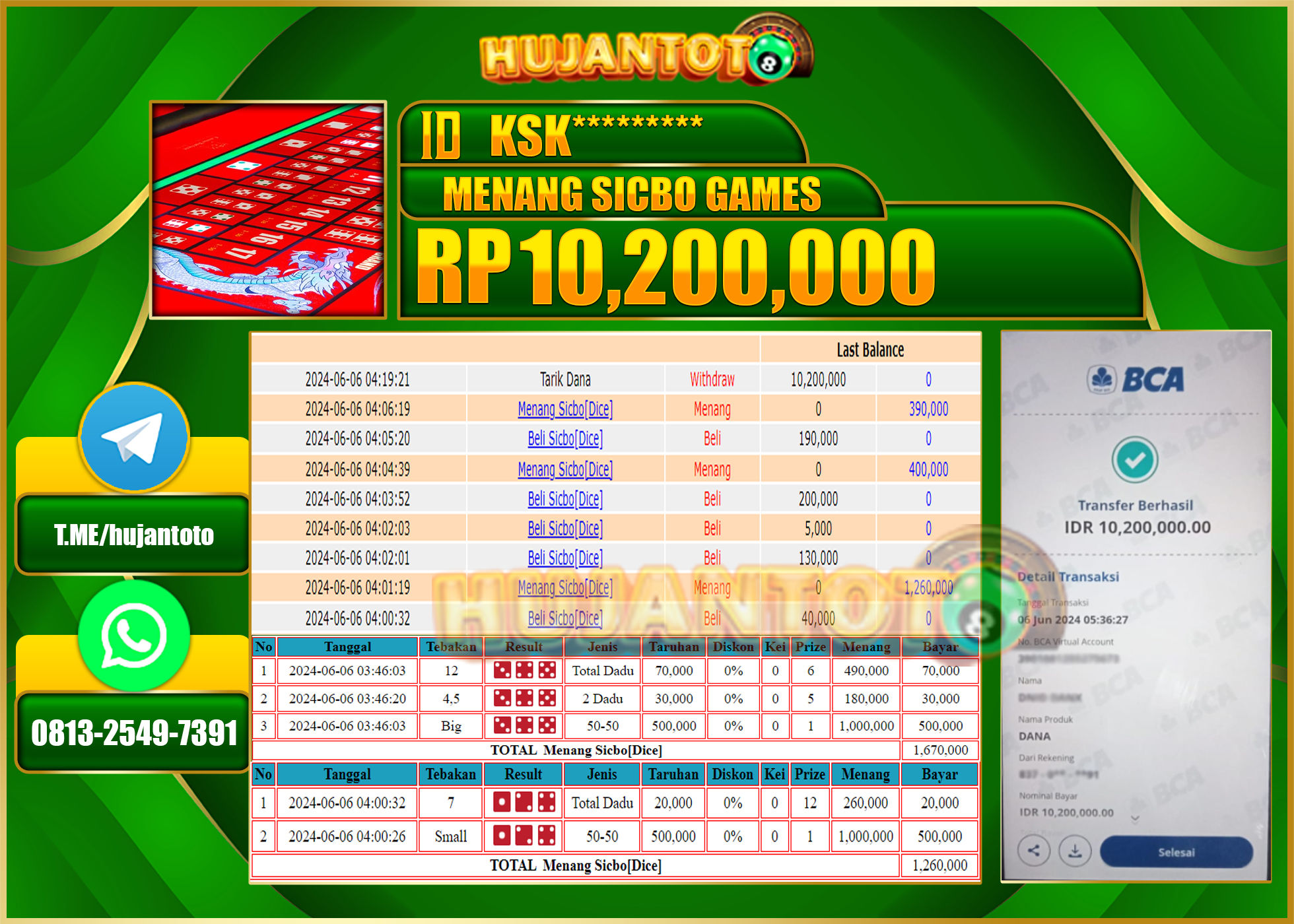 HUJANTOTO MENANG LIVE GAME SICBO 10.200.000 - LUNAS 