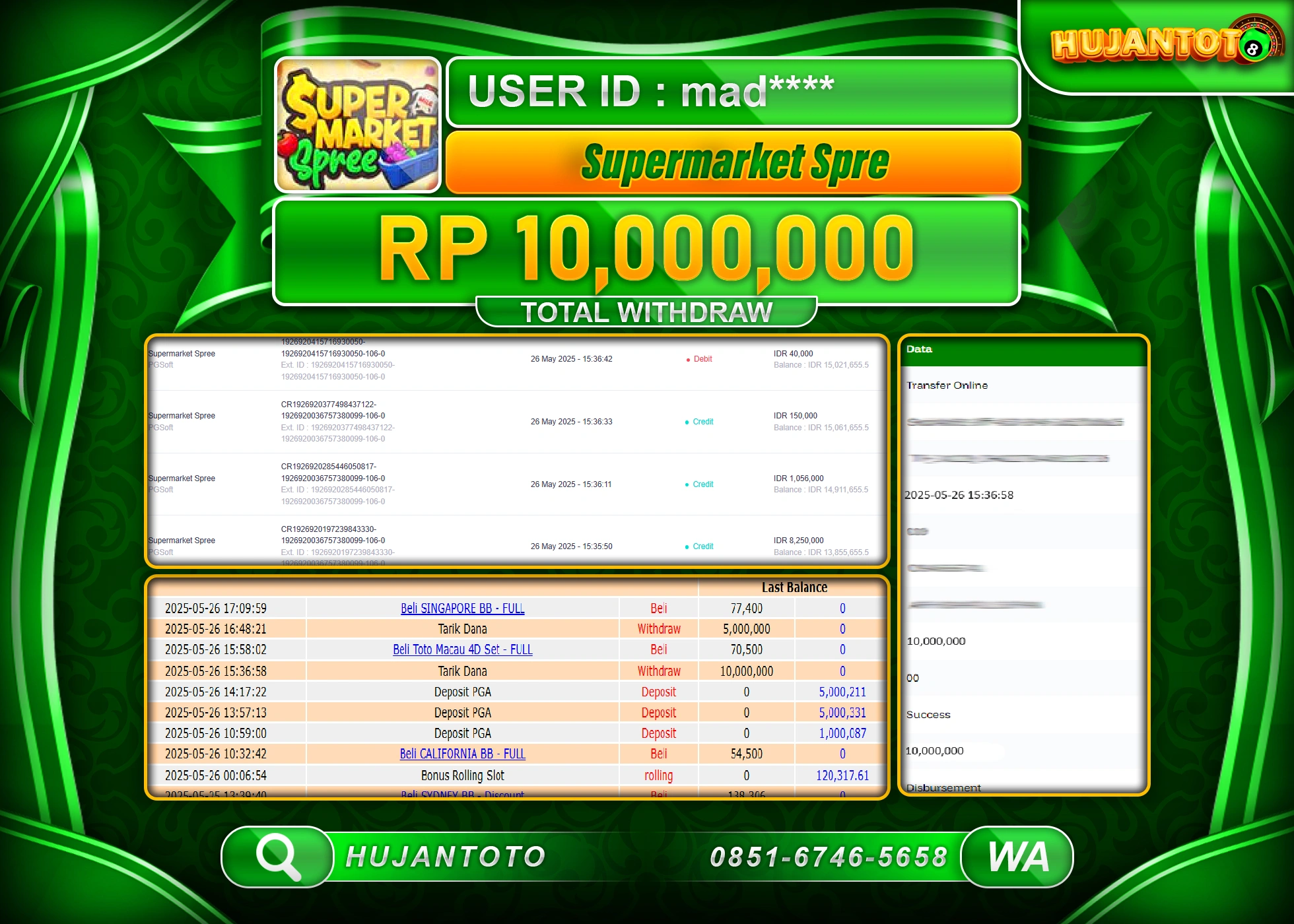  HUJANTOTO - BUKTI JACKPOT MENANG SLOT SUPERMARKET SPREE Rp.10,000,000 - TERBAYAR LUNAS