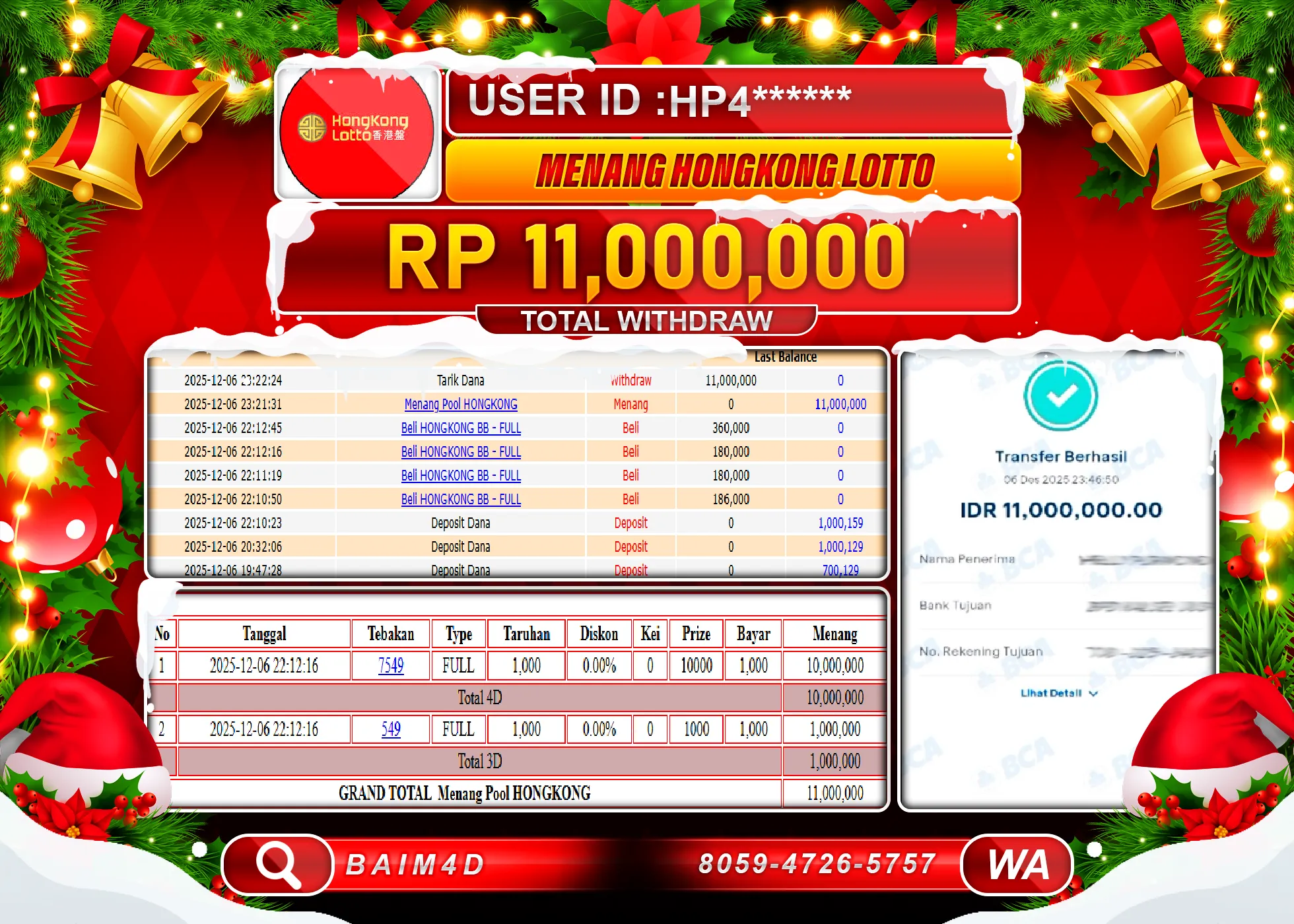 BAIM4D JACKPOT TOGEL HONGKONG LOTTO Rp.11,000,000 - LUNAS