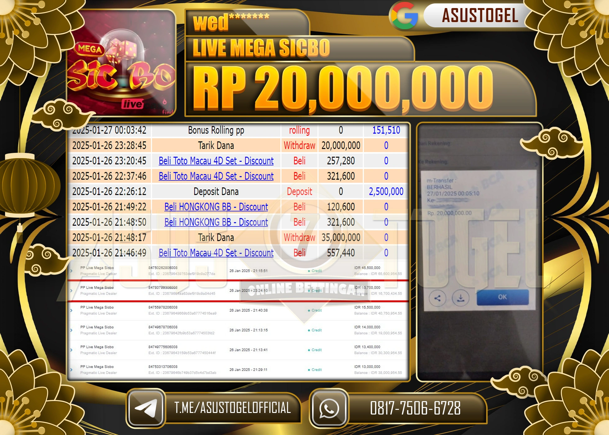 ASUSTOGEL KEMENANGAN DI PP LIVE MEGA SICBO SEBESAR 20.000.000 - RUPIAH LUNAS