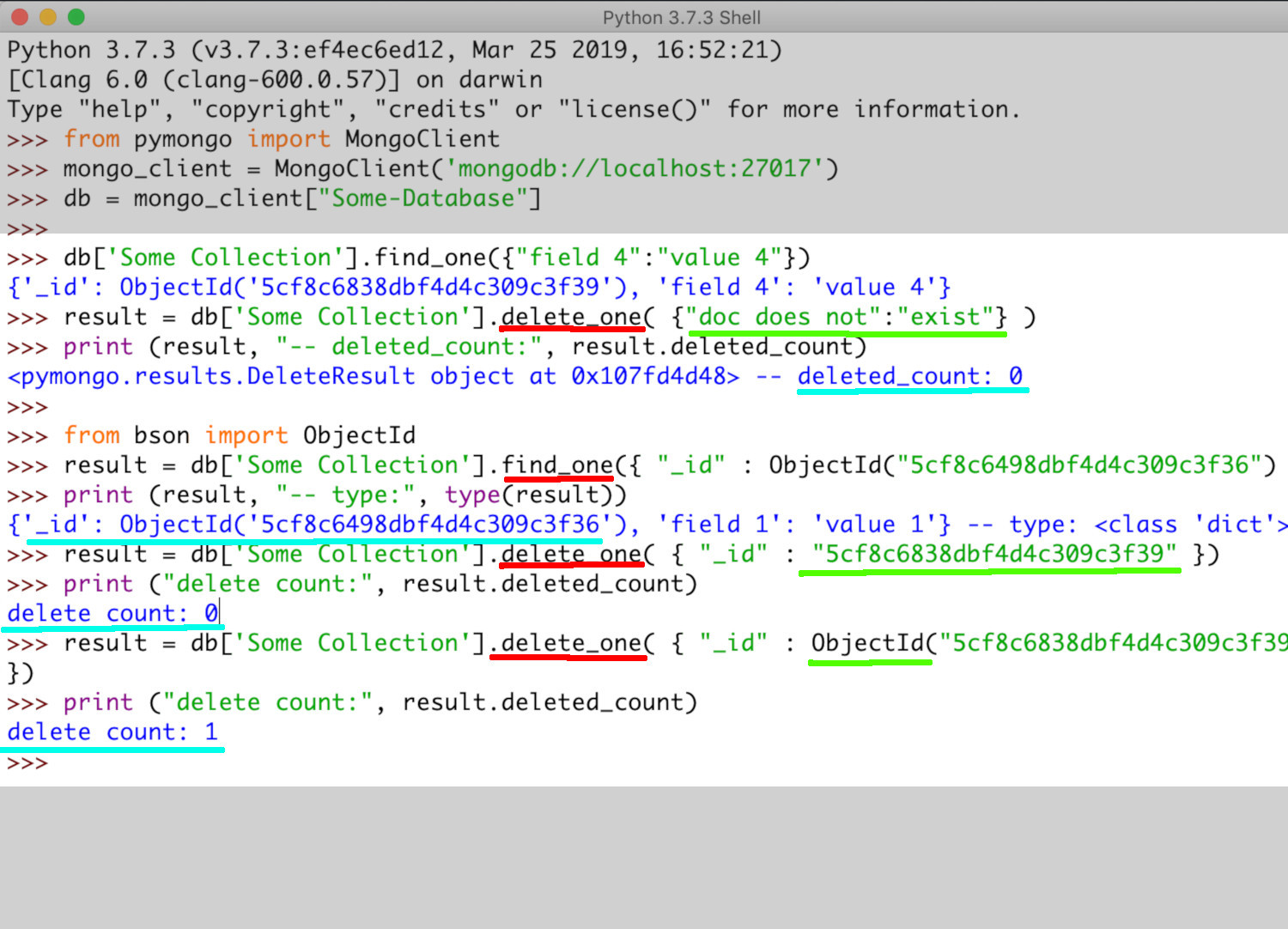Screenshot of find_one() and delete_one() method calls querying _id BSON ObjectIds