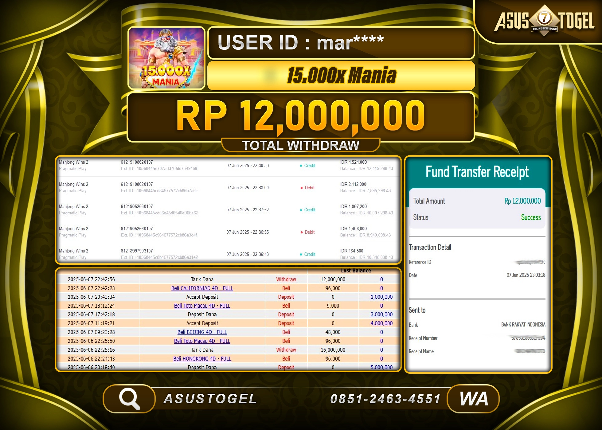 ASUSTOGEL KEMENANGAN DI SLOT 15,000X MANIA SEBESAR 12,000,000- RUPIAH LUNAS