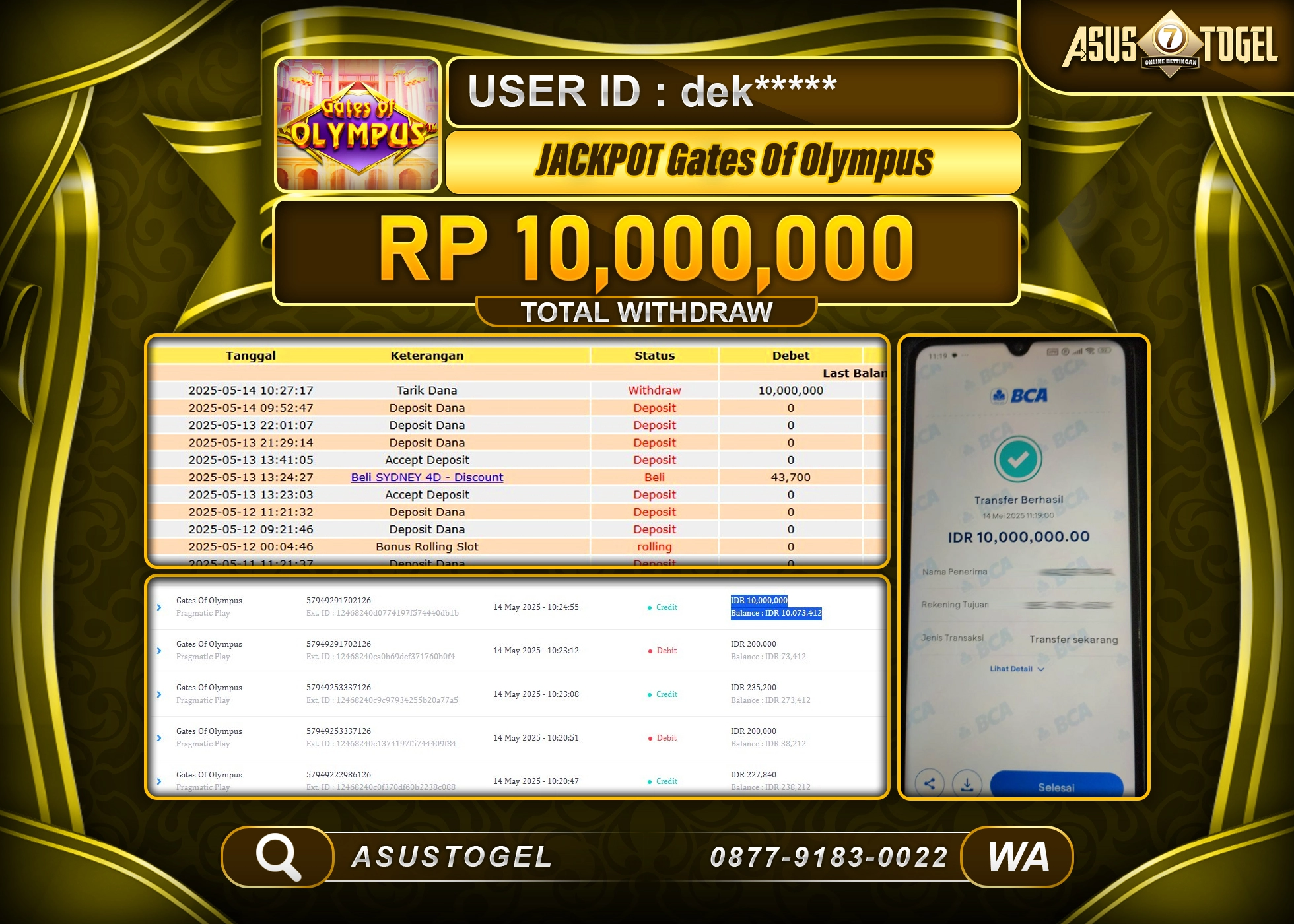 ASUSTOGEL KEMENANGAN DI SLOT GATES OF OLYMPUS SEBESAR 10,000,000- RUPIAH LUNAS