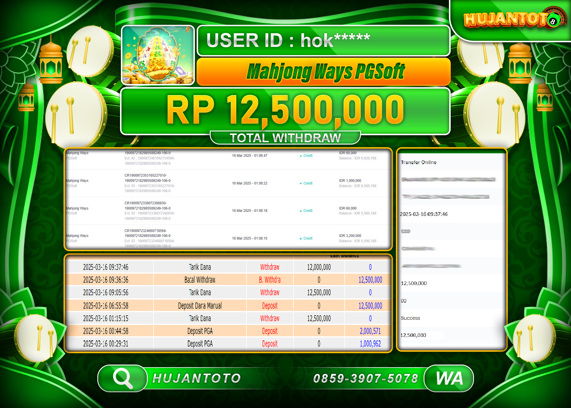HUJANTOTO - BUKTI JACKPOT MENANG SLOT MAHJONG WAYS Rp,12,500,000 - TERBAYAR LUNAS