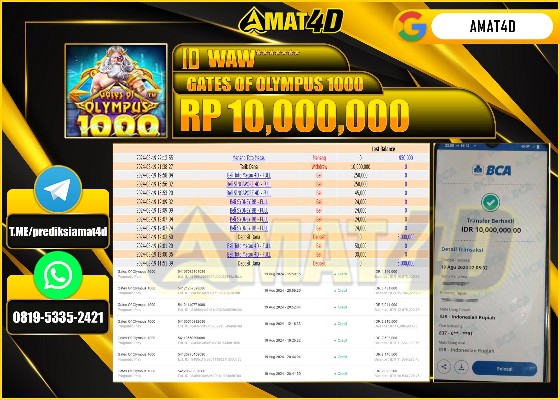 AMAT4D JACKPOT SLOT GATES OF OLYMPUS 1000 Rp.10.000.000 BERHASIL DI BAYAR LUNAS