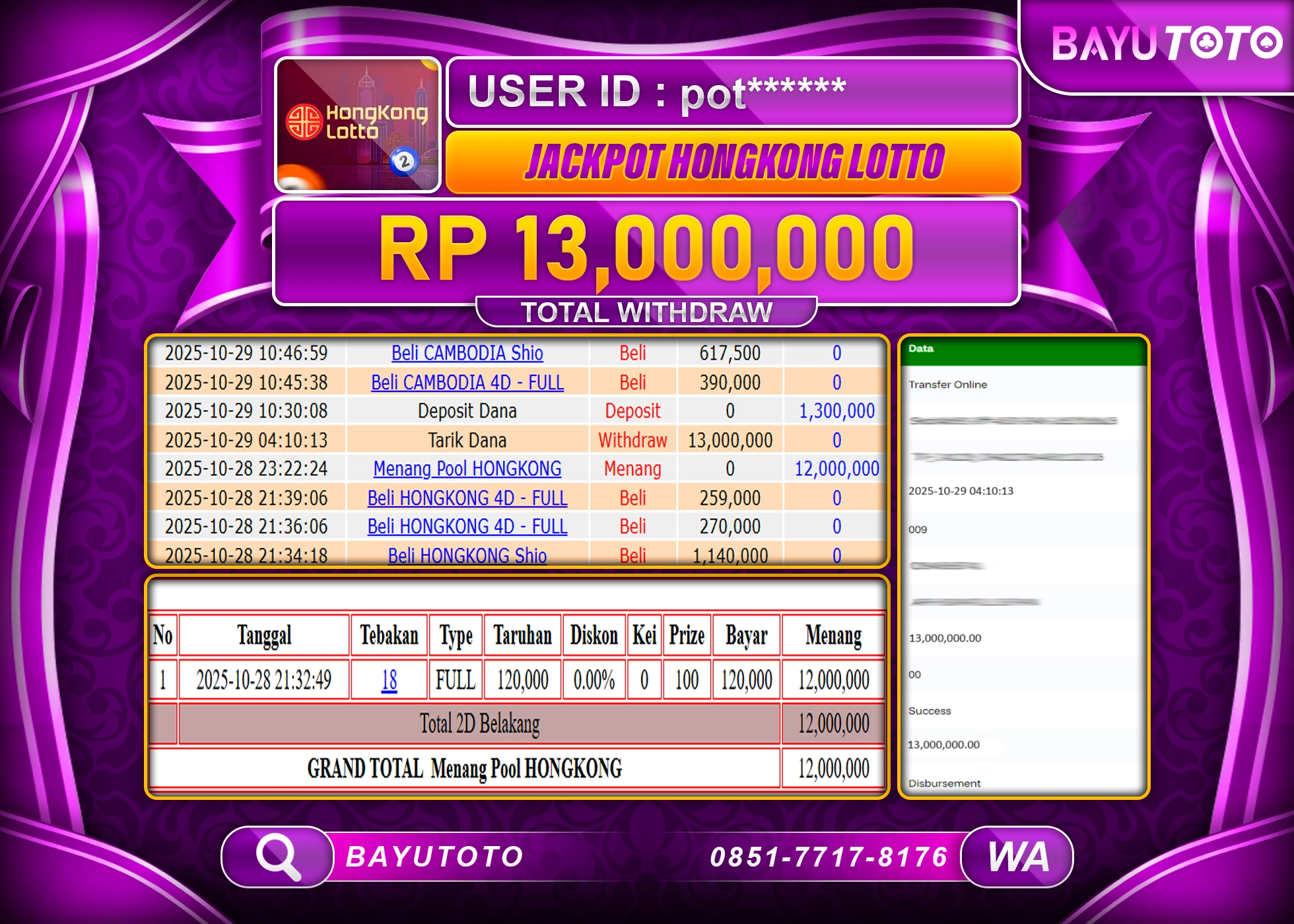 MEMBER BAYUTOTO JACKPOT DI TOGEL HONGKONG Rp. 13,000,000 LUNAS