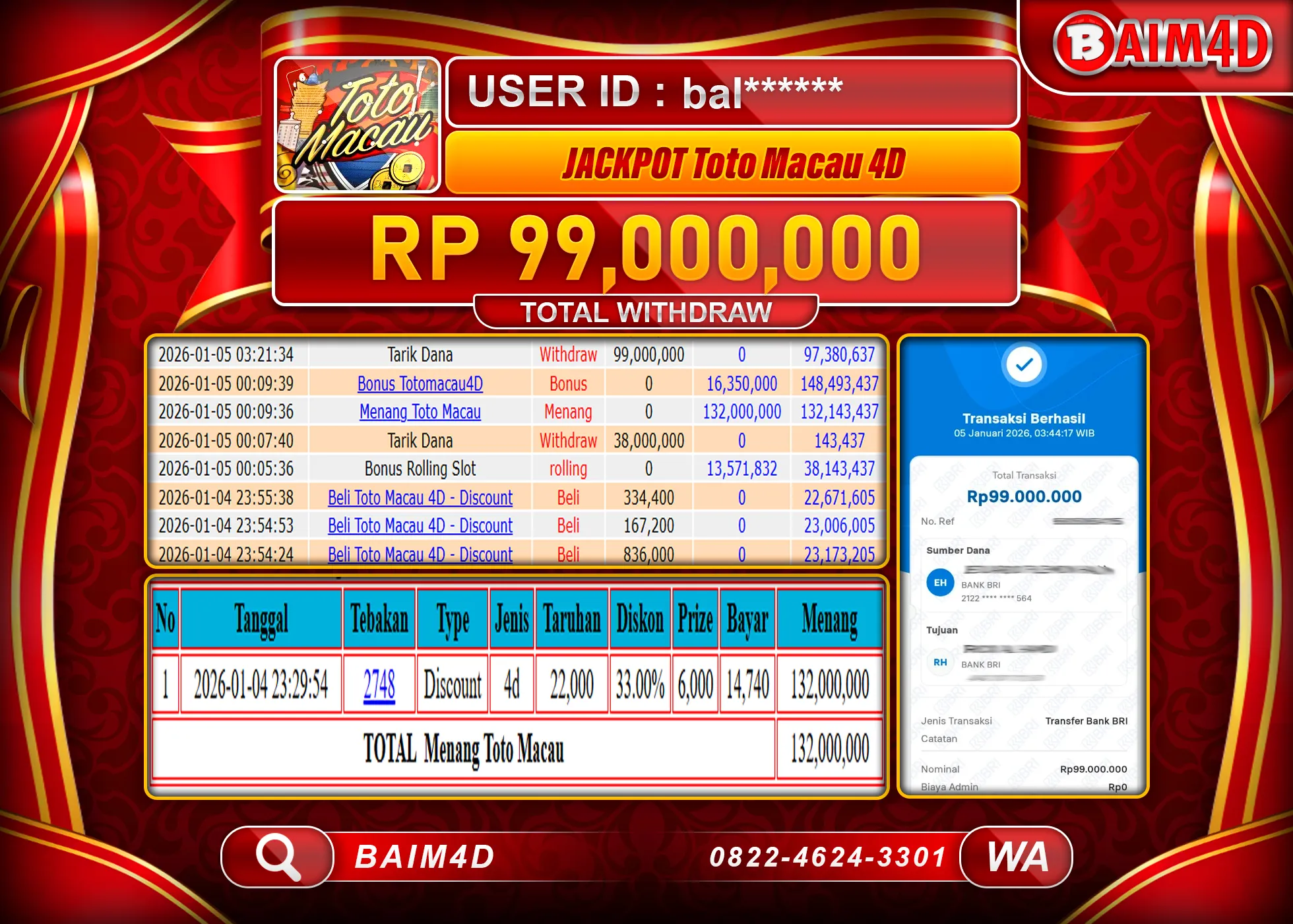BAIM4D JACKPOT TOGEL TOTO MACAU 4D Rp.99,000,000 - LUNAS