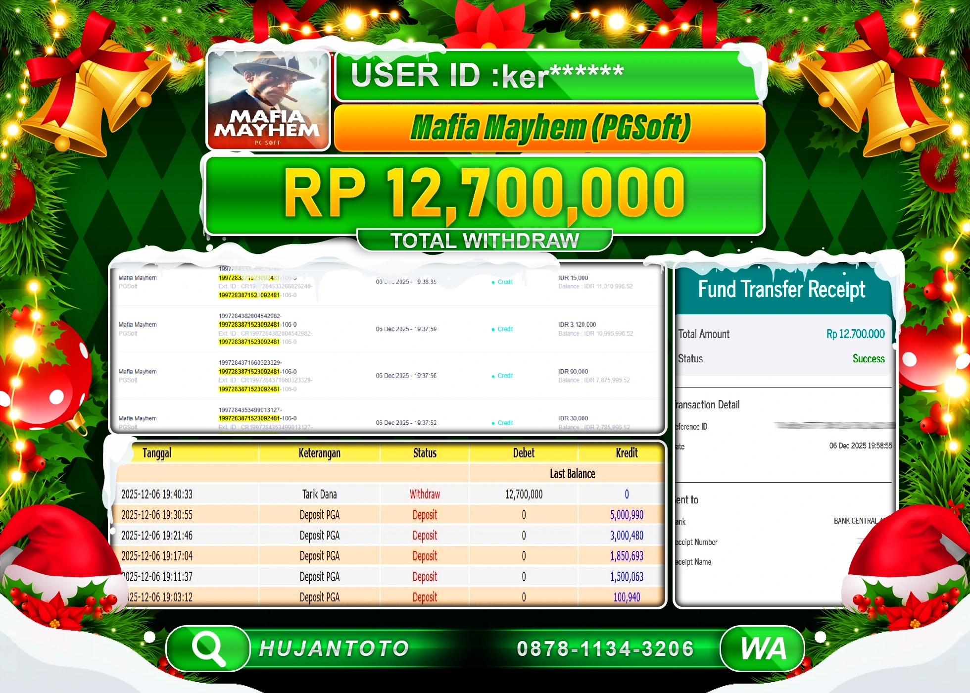 HUJANTOTO - BUKTI JACKPOT MENANG SLOT MAFIA MAYHEM Rp.12,700,000 - TERBAYAR LUNAS