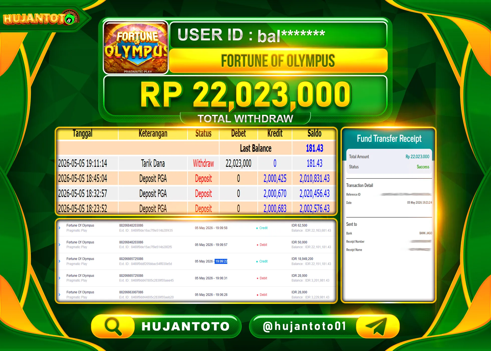 HUJANTOTO - BUKTI JACKPOT MENANG SLOT FORTUNE OF OLYMPUS Rp.22,023,000 - TERBAYAR LUNAS