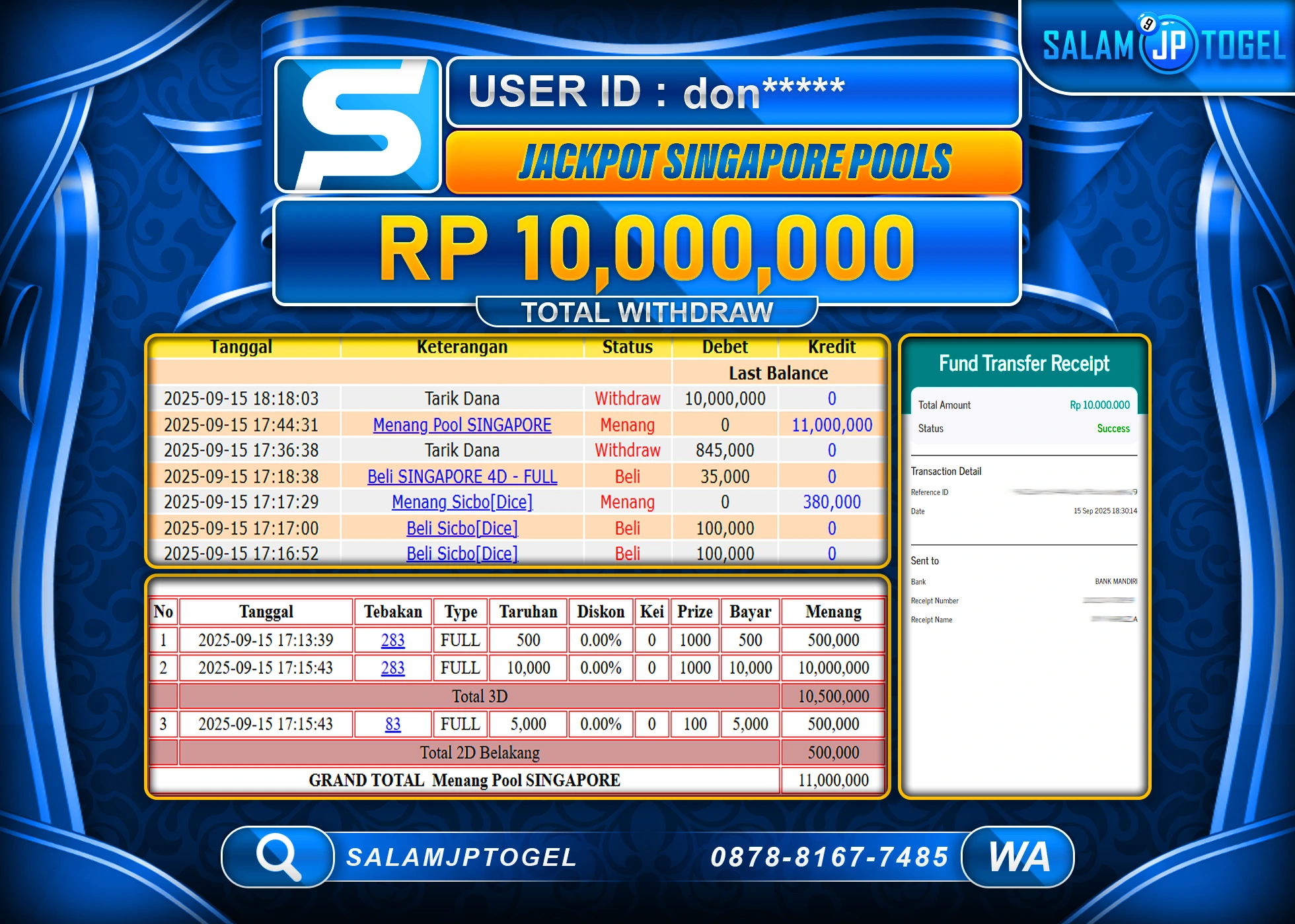 SALAMJPTOGEL MENANG JACKPOT SINGAPORE POOLS  Rp.10,000,000