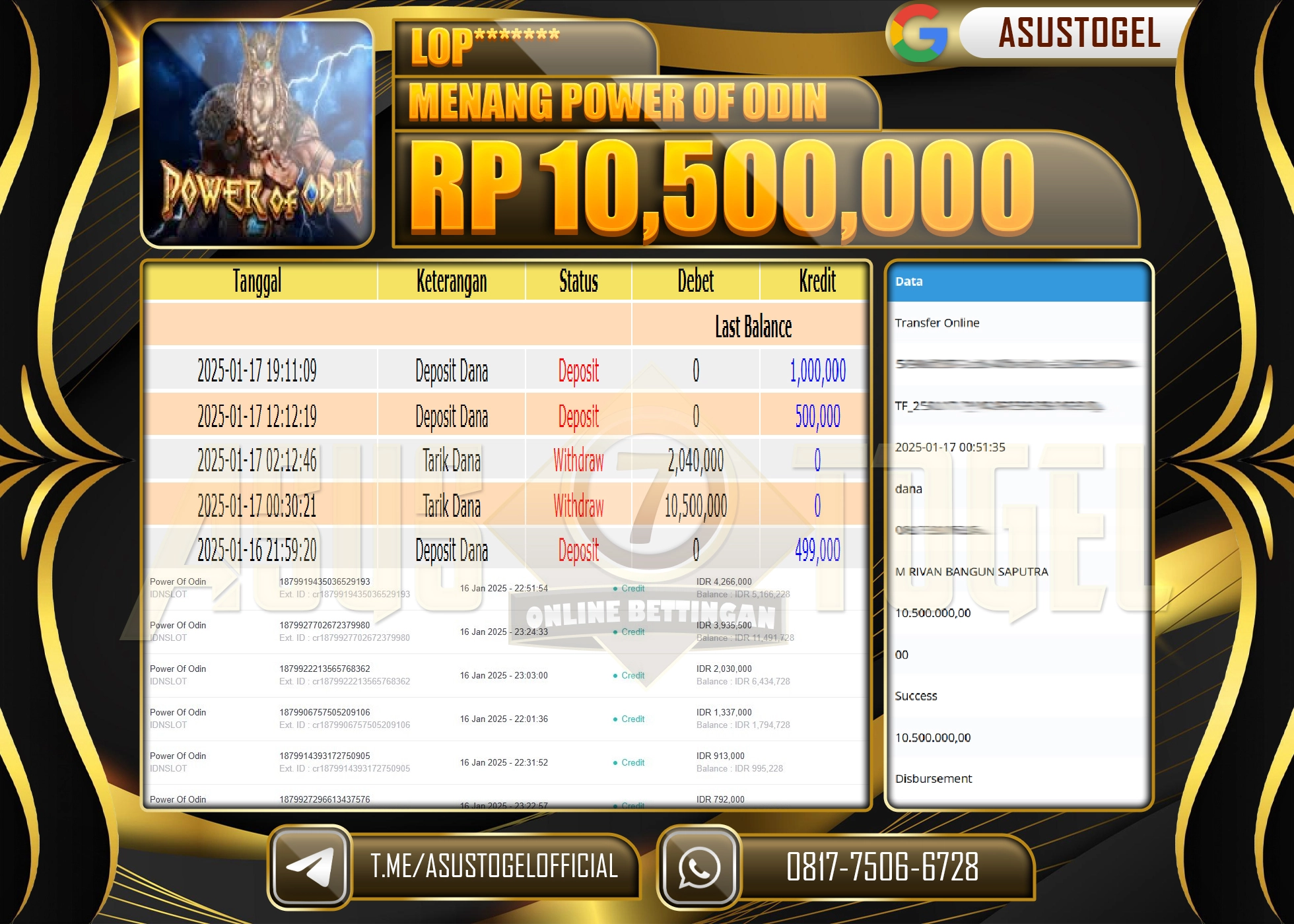 ASUSTOGEL KEMENANGAN DI SLOT POWER OF ODIN SEBESAR 10.500.000 - RUPIAH LUNAS