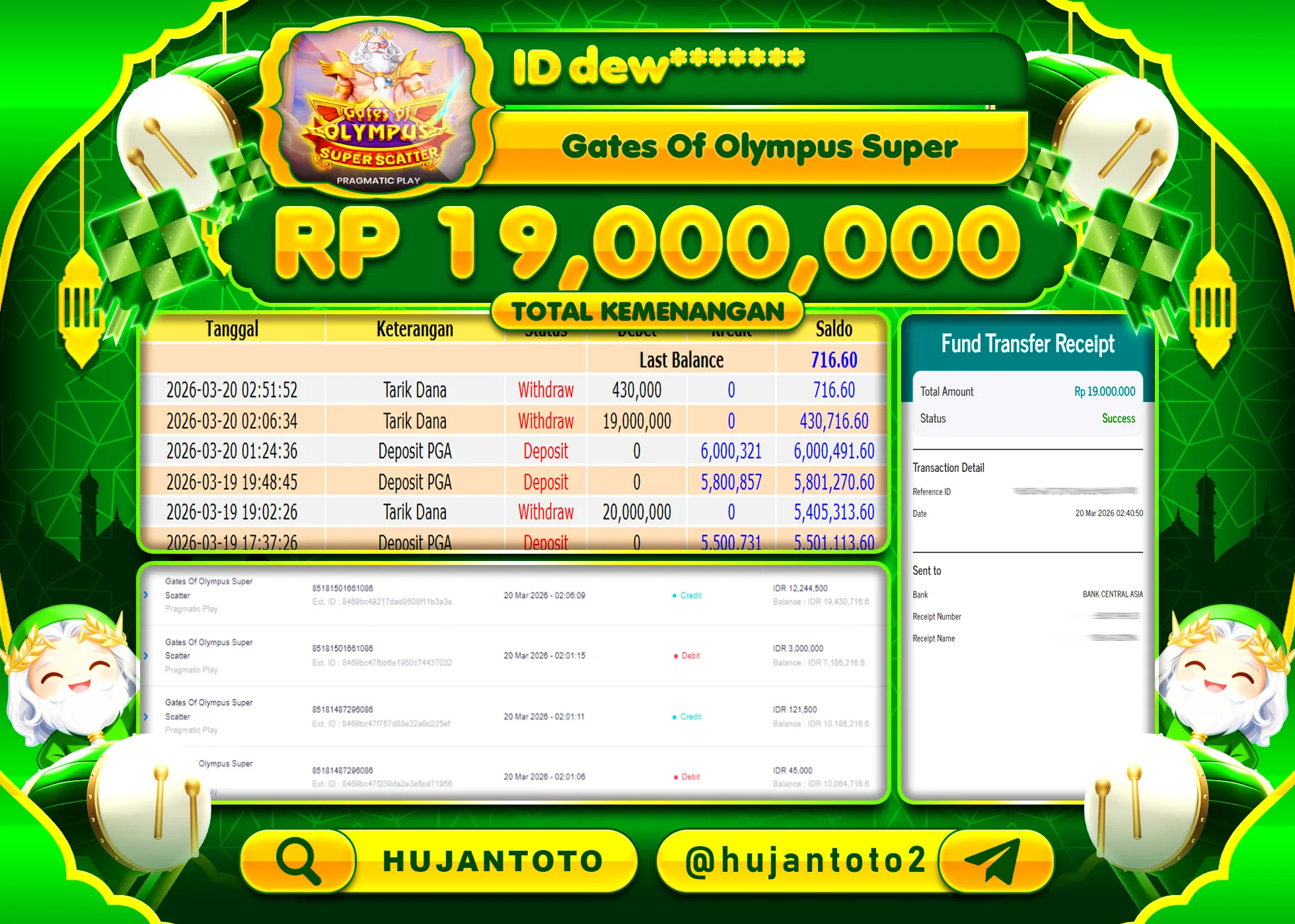 HUJANTOTO - BUKTI JACKPOT MENANG SLOT GATES  OF OLYMPUS SUPER SCATER Rp.19,000,000 - TERBAYAR LUNAS