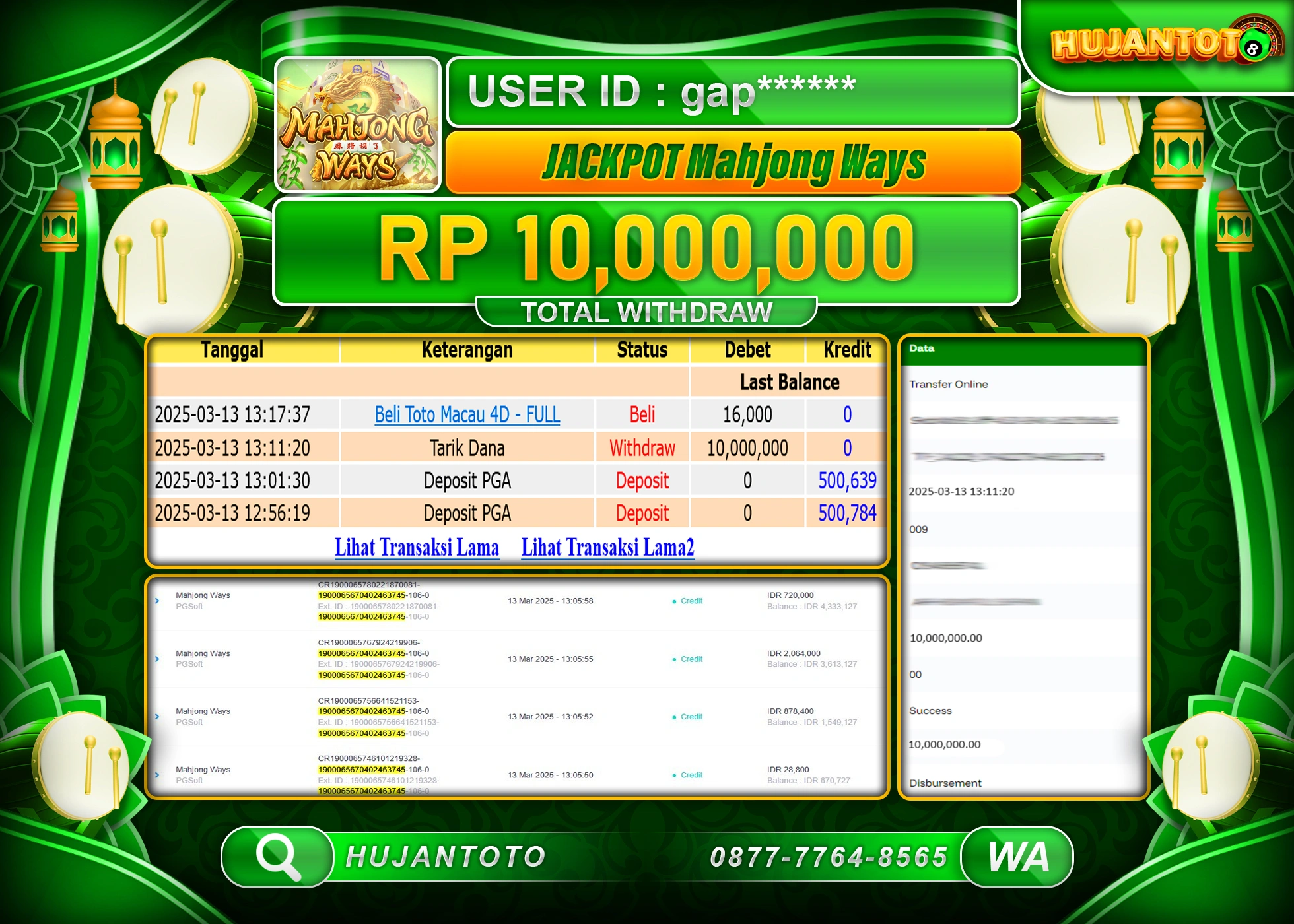 HUJANTOTO - BUKTI JACKPOT MENANG SLOT PG SOFT MAHJONG WAYS Rp,10,000,000 - TERBAYAR LUNAS