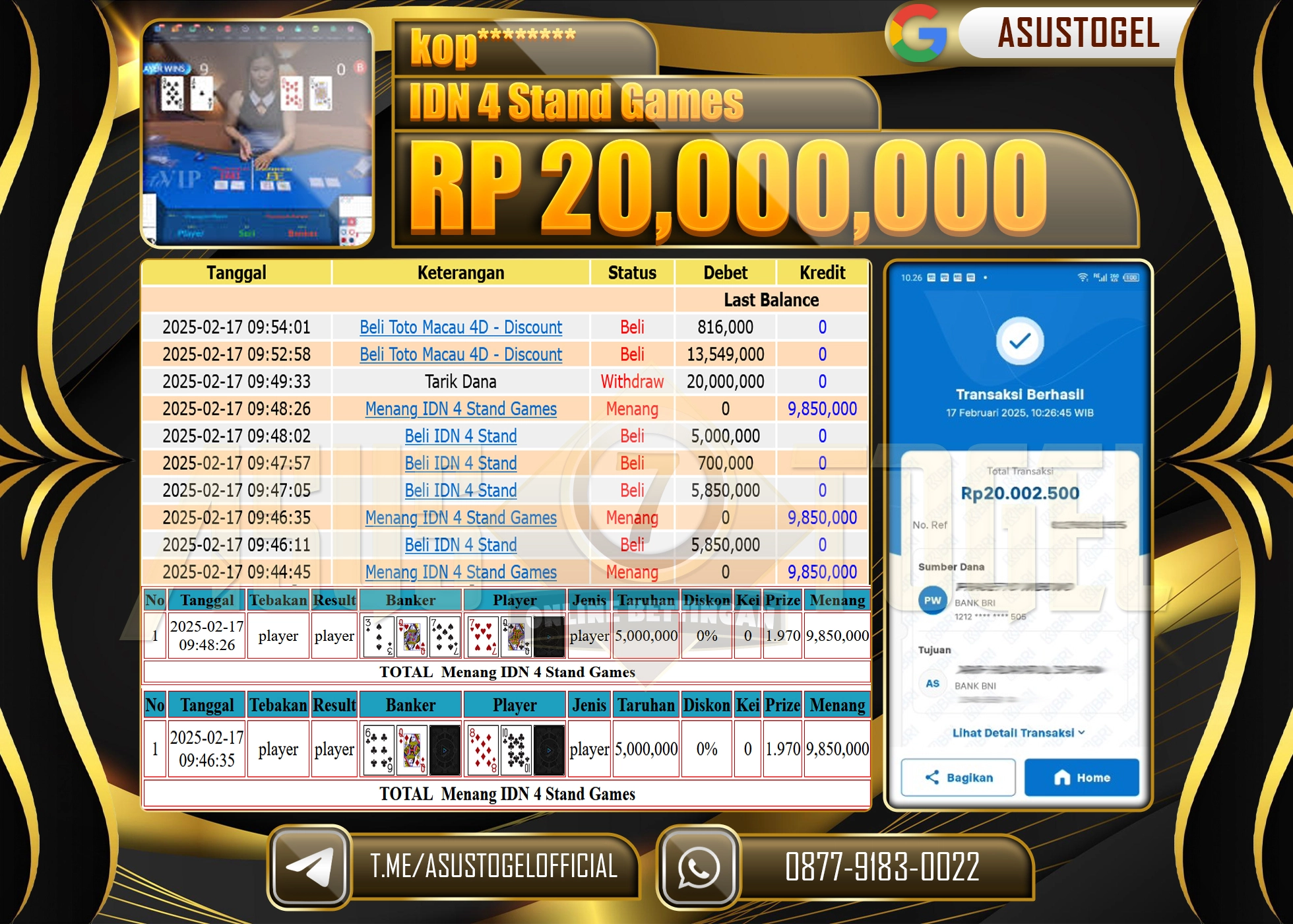 ASUSTOGEL KEMENANGAN DI IDN 4 STAND GAMES SEBESAR 20,000,000 - RUPIAH LUNAS