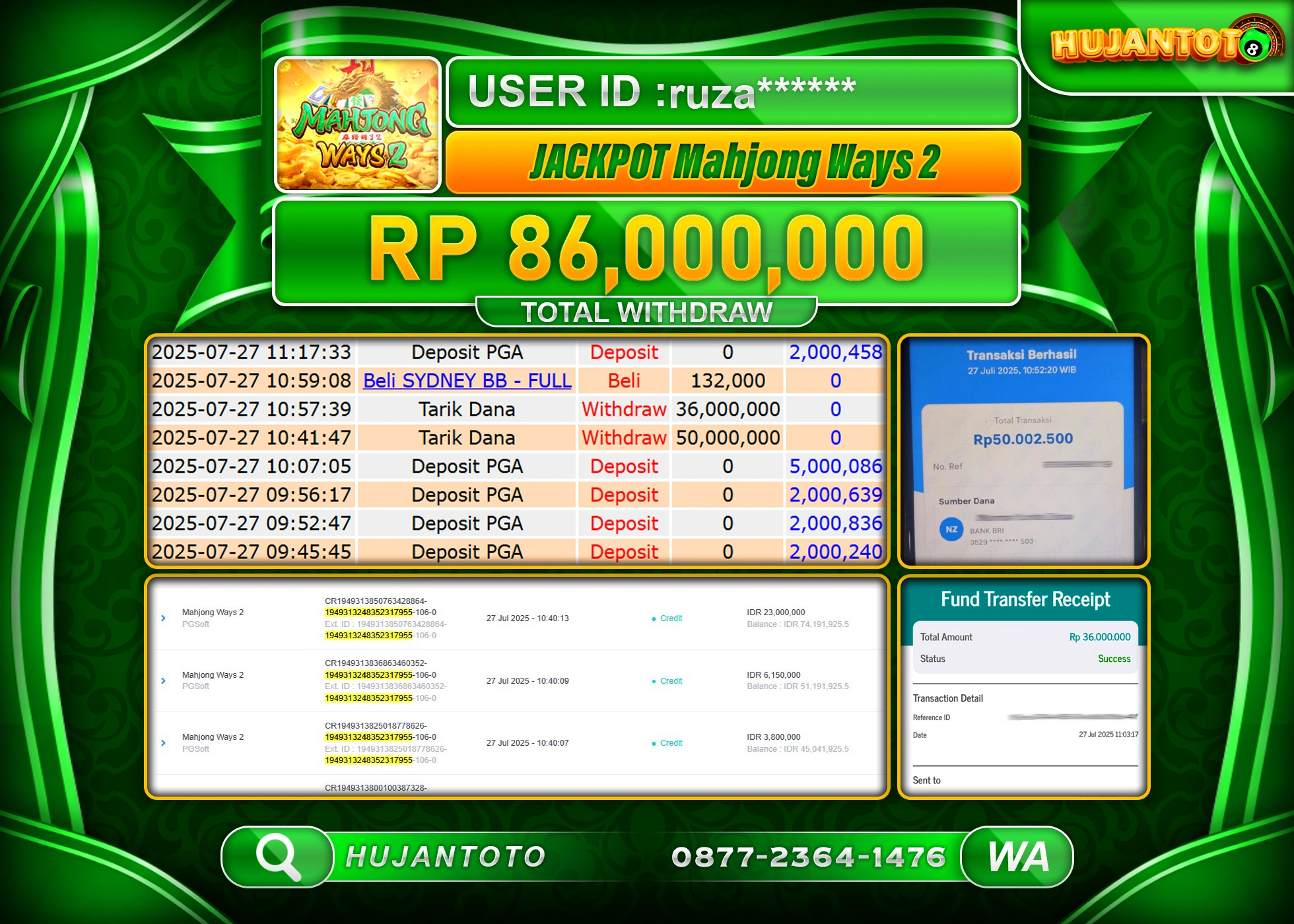 HUJANTOTO - BUKTI JACKPOT MENANG SLOT MAHJONG WAYS 2 Rp.86,000,000 - TERBAYAR LUNAS