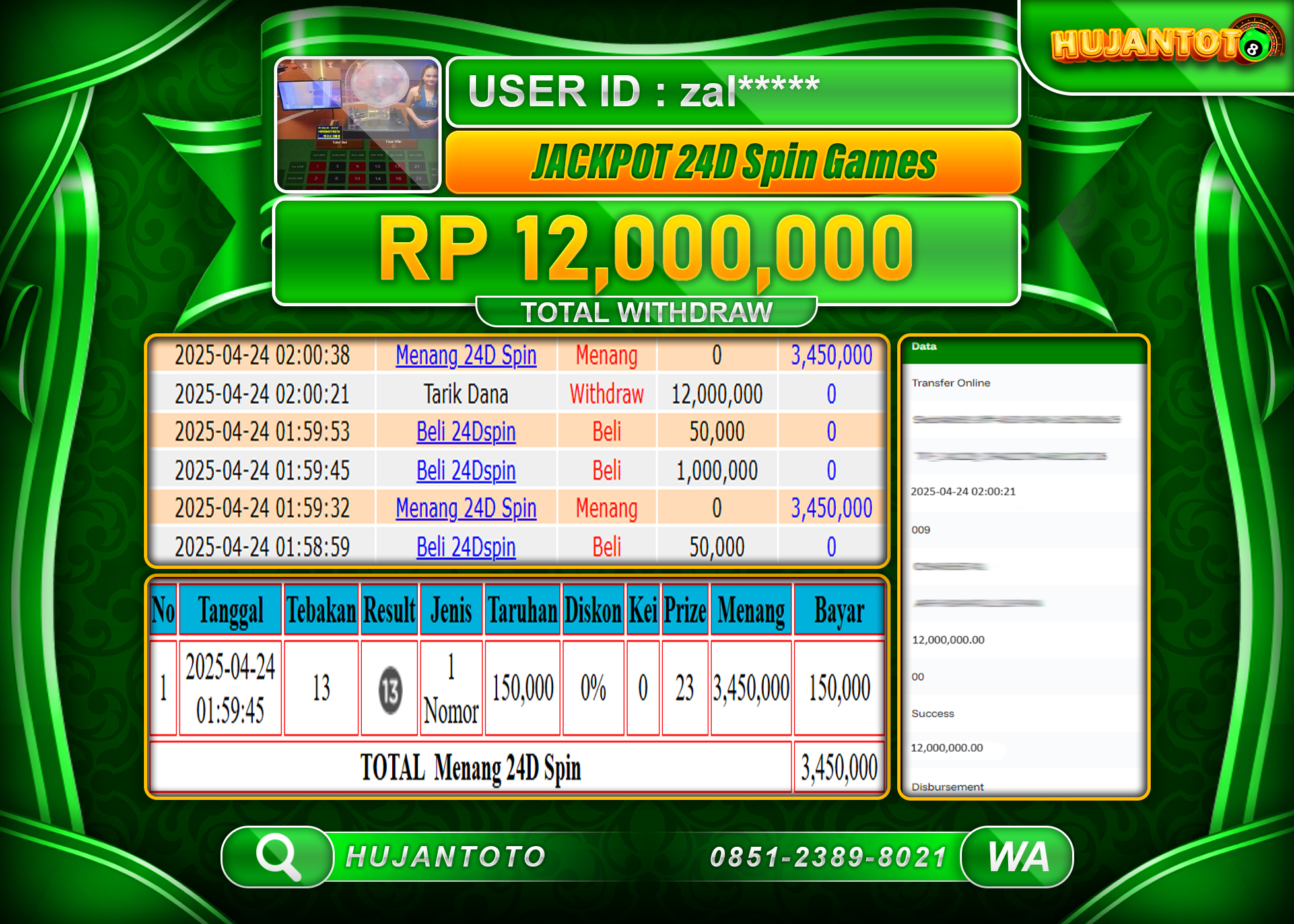 HUJANTOTO - BUKTI JACKPOT MENANG LIVEGAMES  24D SPIN Rp,12,000,000 - TERBAYAR LUNAS