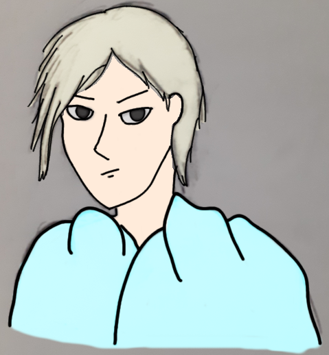 An angry young man, with short, platinum blond hair. He's wrapped in an ice blue blanket.
