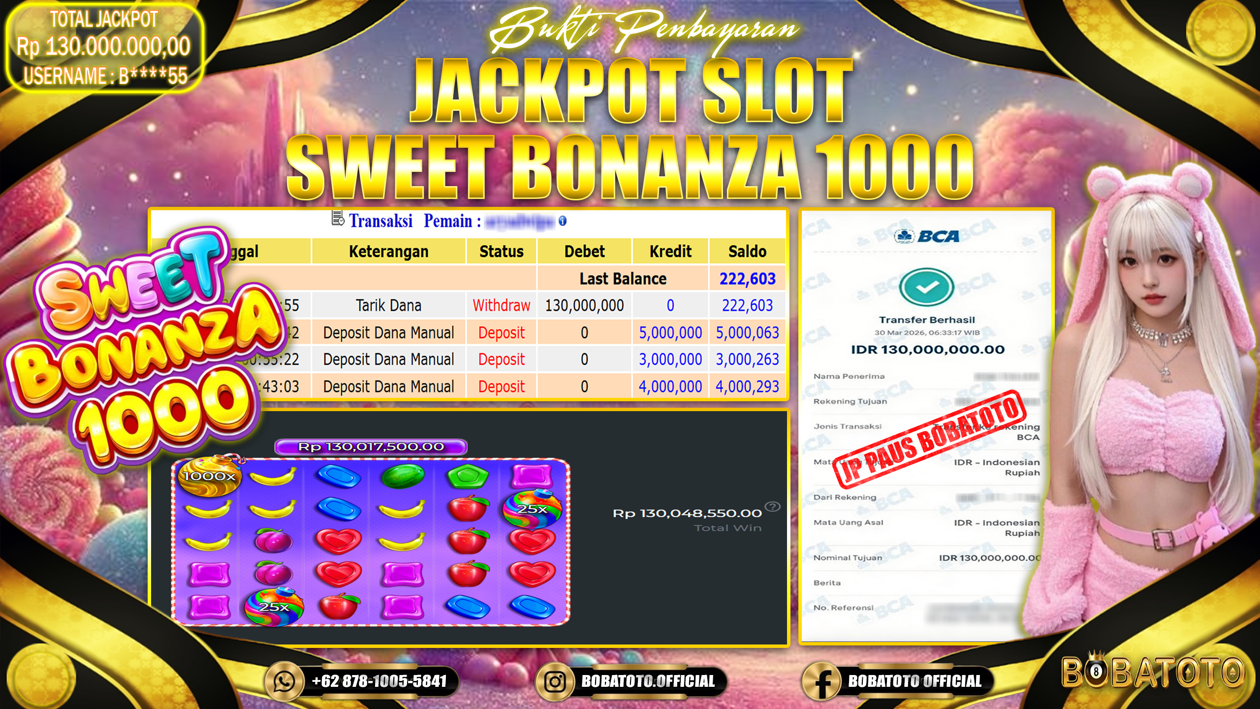 BOBATOTO JACKPOT  SLOT SWEET BONANZA 1000  PRAGMATIC Rp.130,000,000,- LUNAS!!