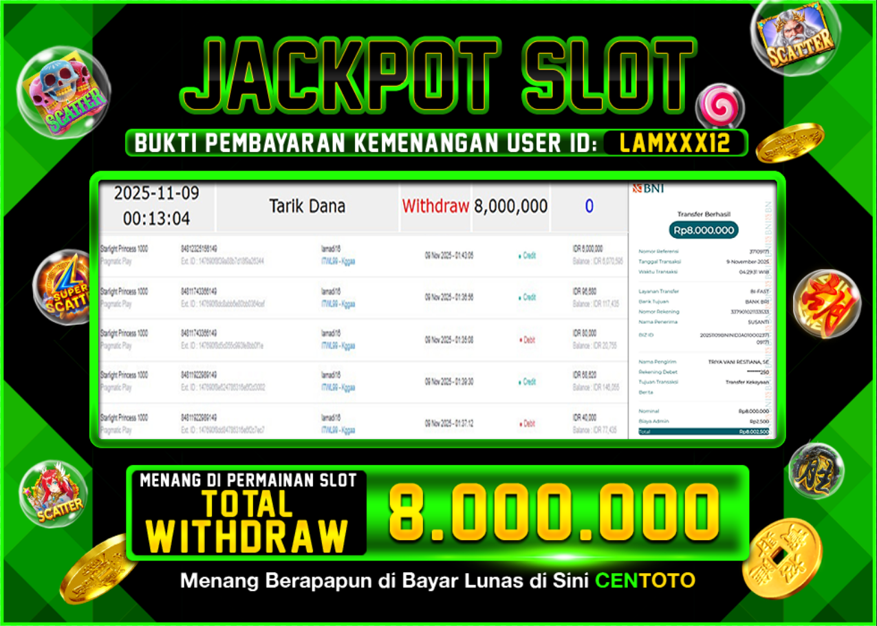 BUKTI JACKPOT SLOT CENTOTO RP.8.000.000,-LUNAS