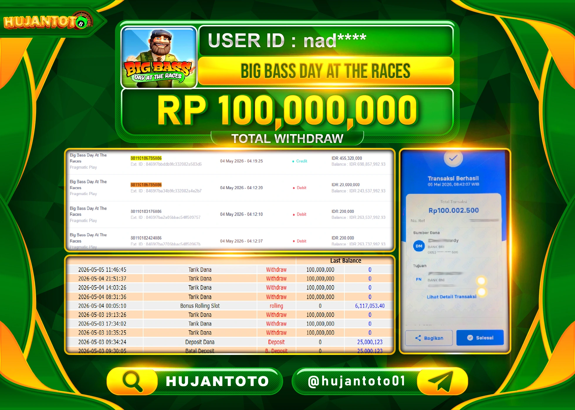 HUJANTOTO - BUKTI JACKPOT MENANG SLOT BIG BASS DAY AT THE RACES Rp.100,000,000 - TERBAYAR LUNAS
