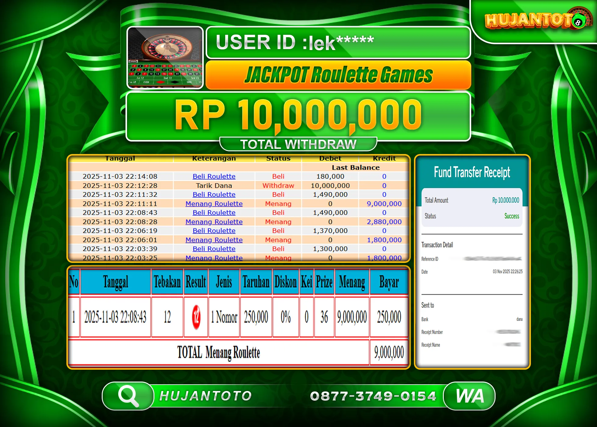 HUJANTOTO - BUKTI JACKPOT MENANG LIVE GAMES ROULETTE  Rp.10,000,000 - TERBAYAR LUNAS