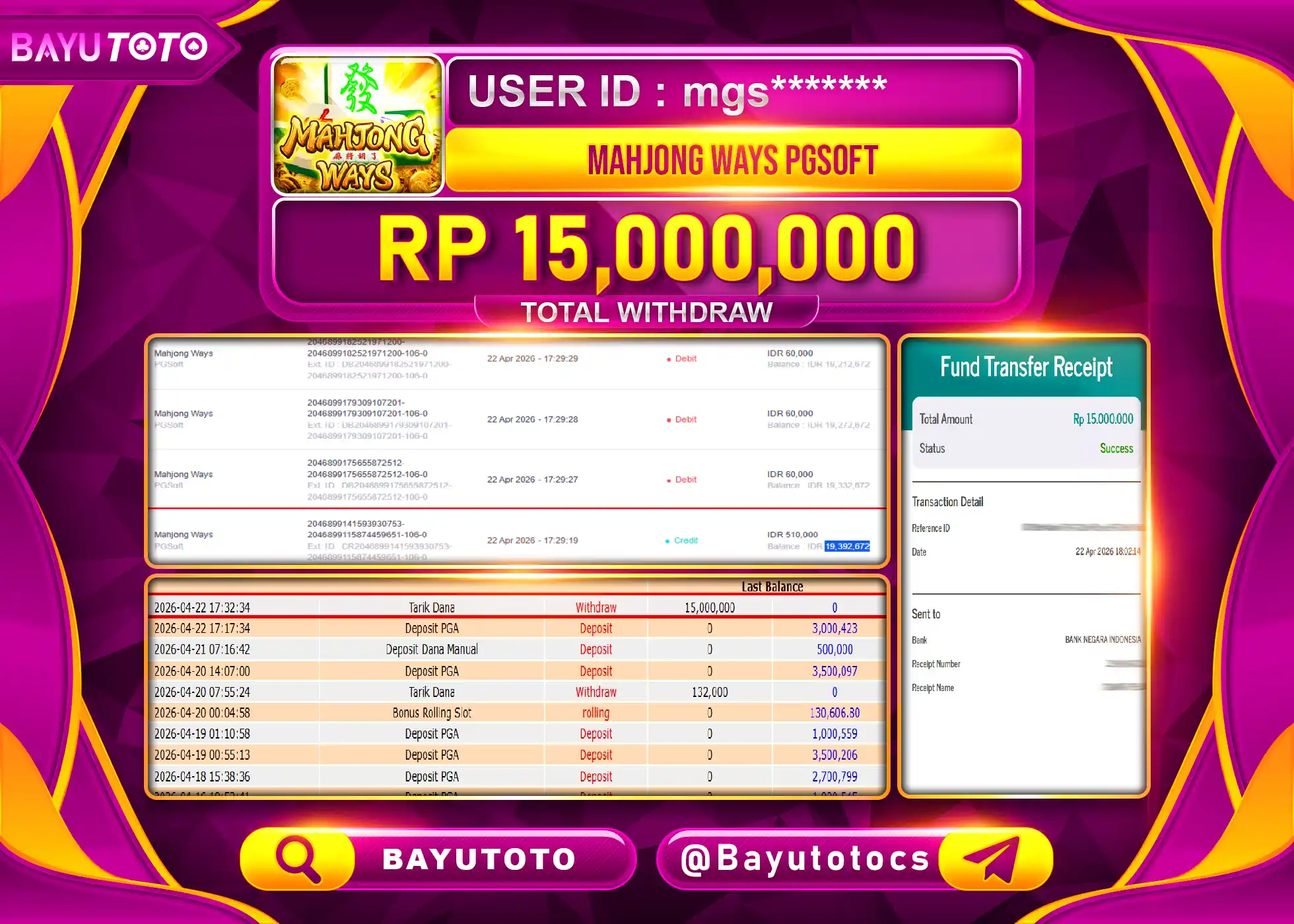 BAYUTOTO JACKPOT DI PG SOFT SLOT MAHJONG WAYS PGSOFT  Rp.15,000,000 LUNAS