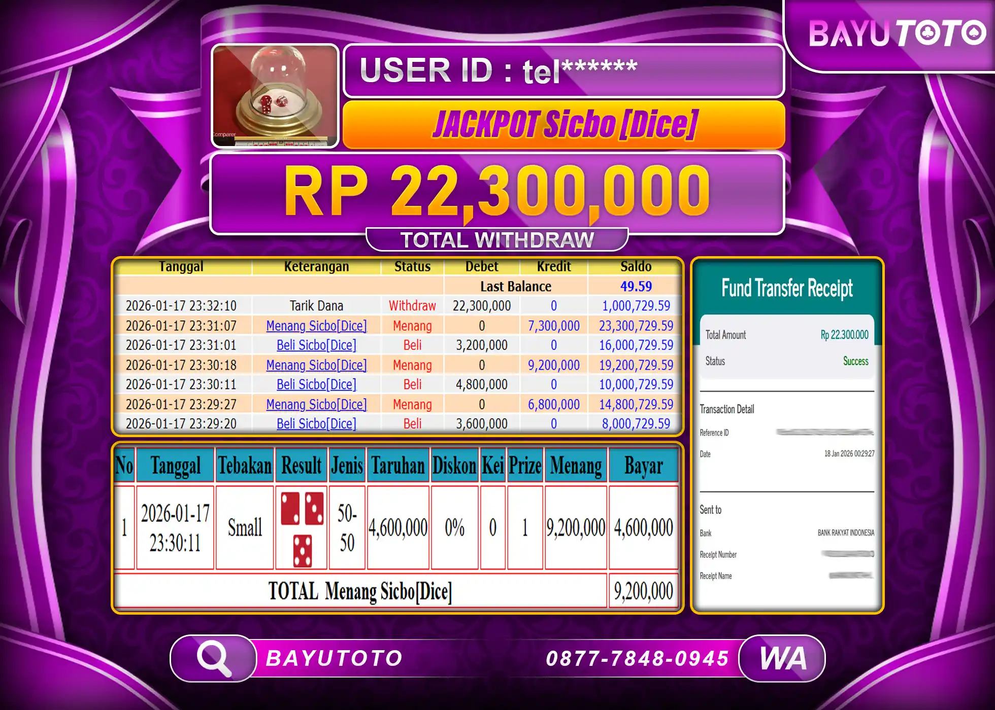 SELAMAT MEMBER BAYUTOTO JACKPOT CASINO SICBO {DICE} GAME  Rp. 22,300,000 LUNAS