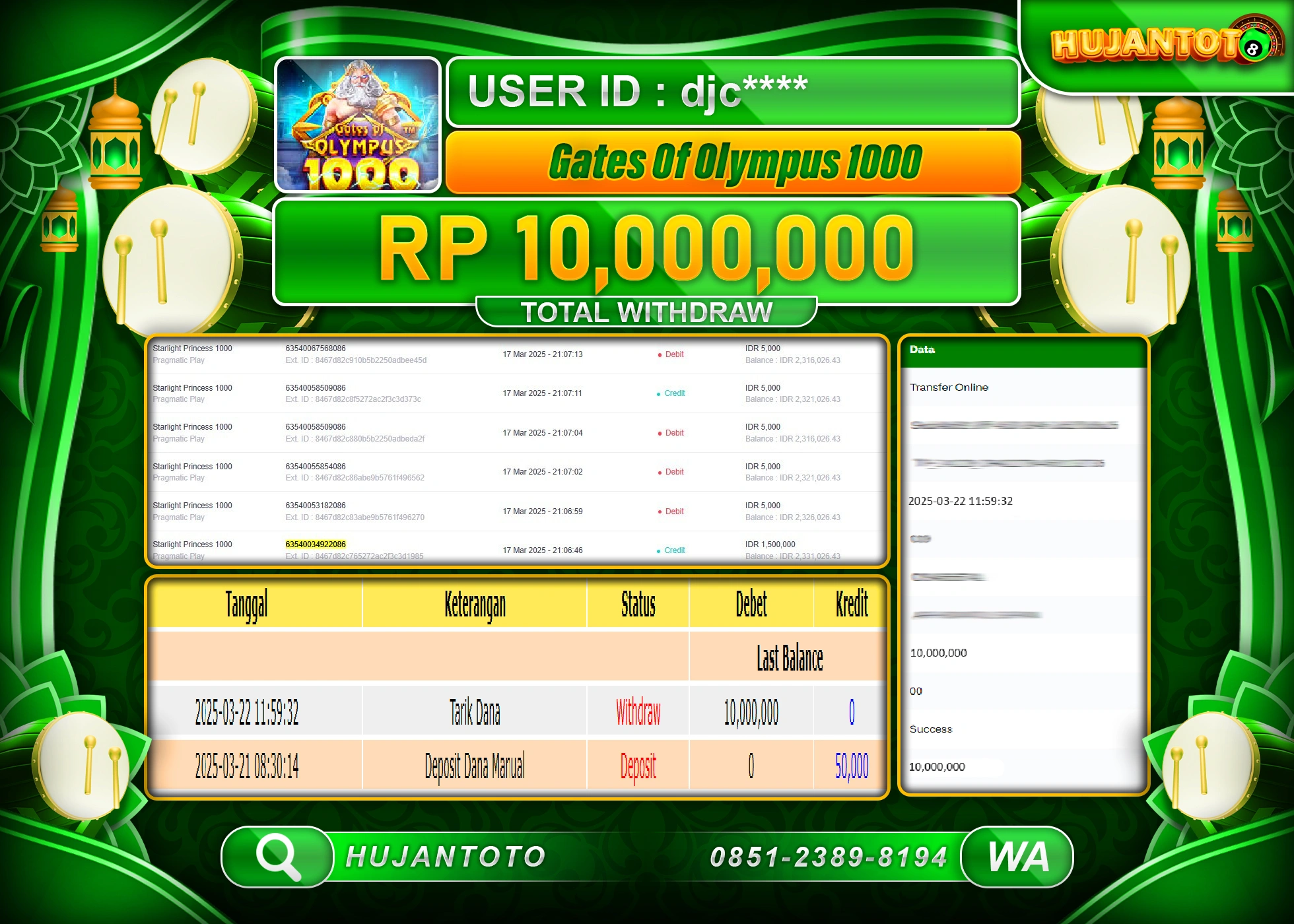 HUJANTOTO - BUKTI JACKPOT MENANG SLOT GATES OF OLYMPUS 1000 Rp,10,000,000- TERBAYAR LUNAS