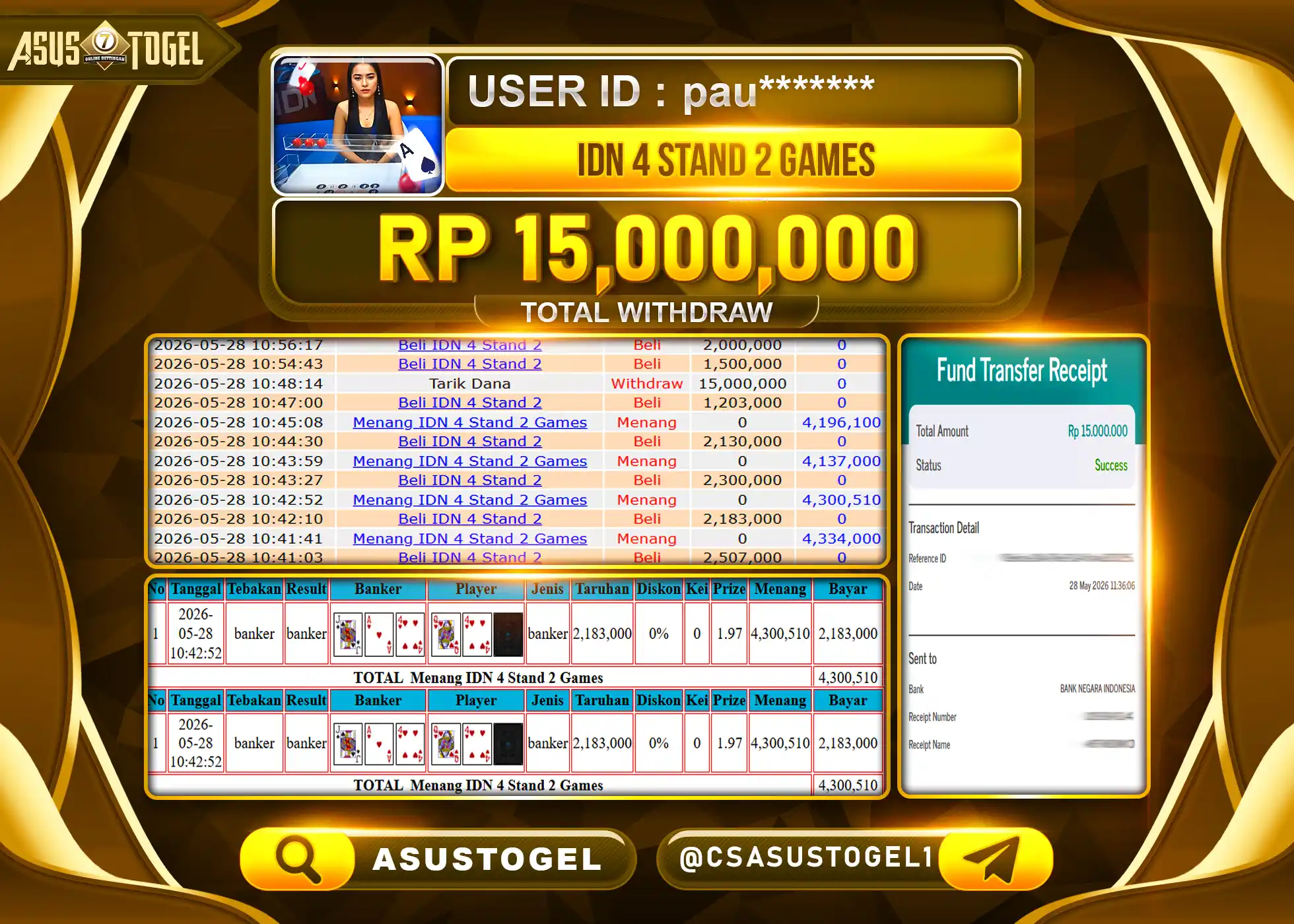ASUSTOGEL KEMENANGAN JACKPOT PERMAINAN LIVE GAMES IDN 4 STAND 2 GAMES Rp.15,000,000 - RUPIAH LUNAS