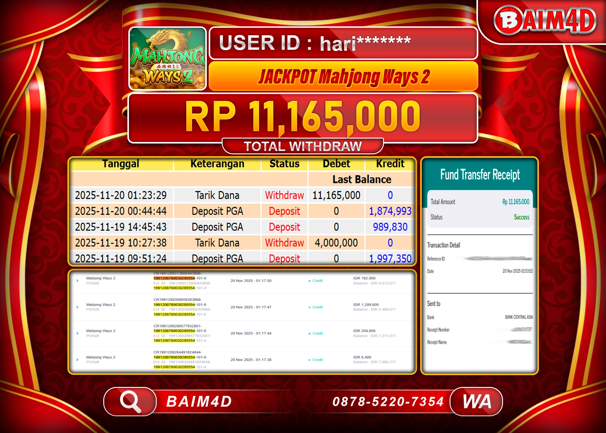 BAIM4D JACKPOT SLOT MAHJONG WAYS 2 PG SOFT Rp.11,165,000 - LUNAS