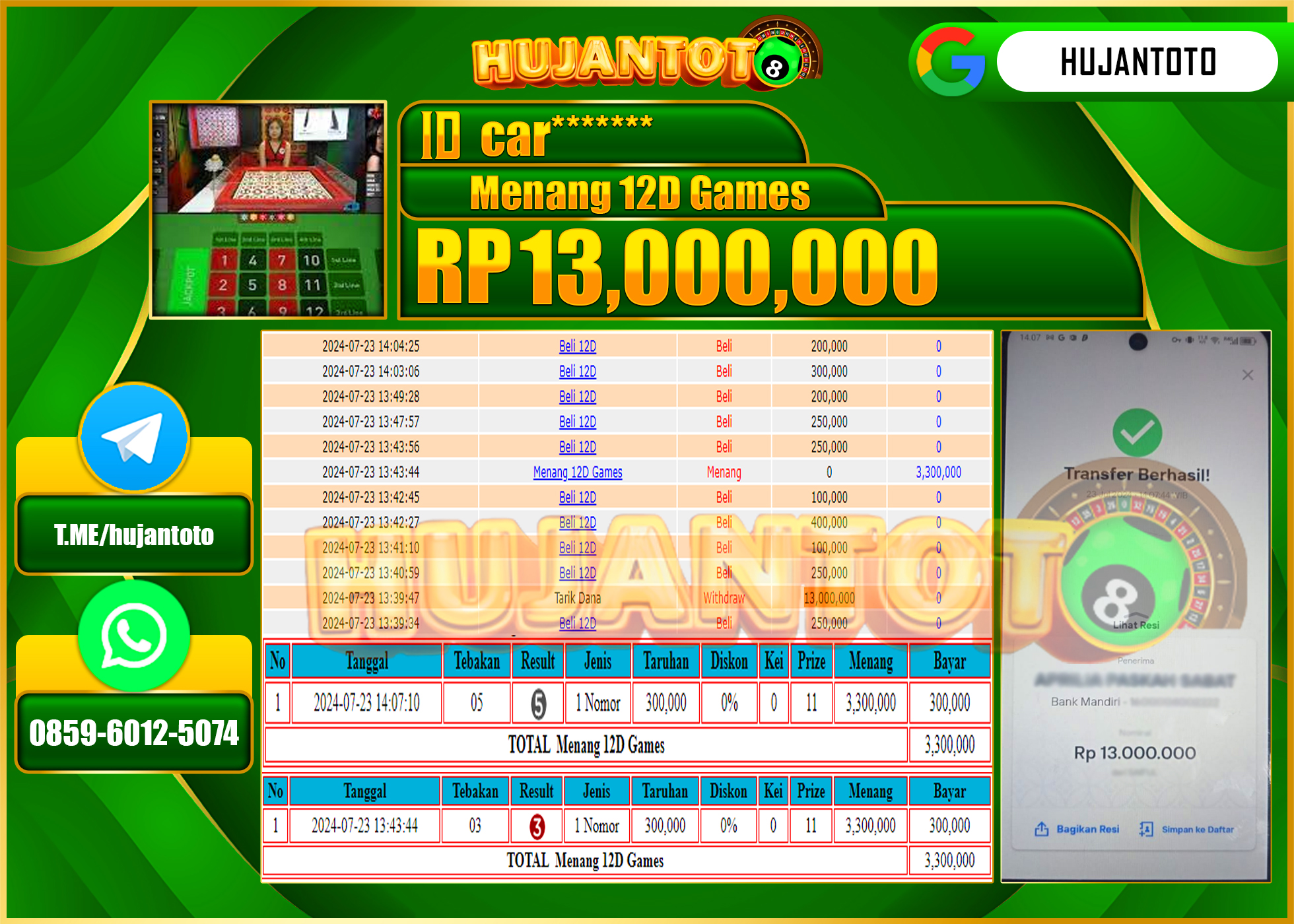 HUJANTOTO MENANG PERMAINAN LIVE CASINO 12D GAMES  13.000.000 - LUNAS 