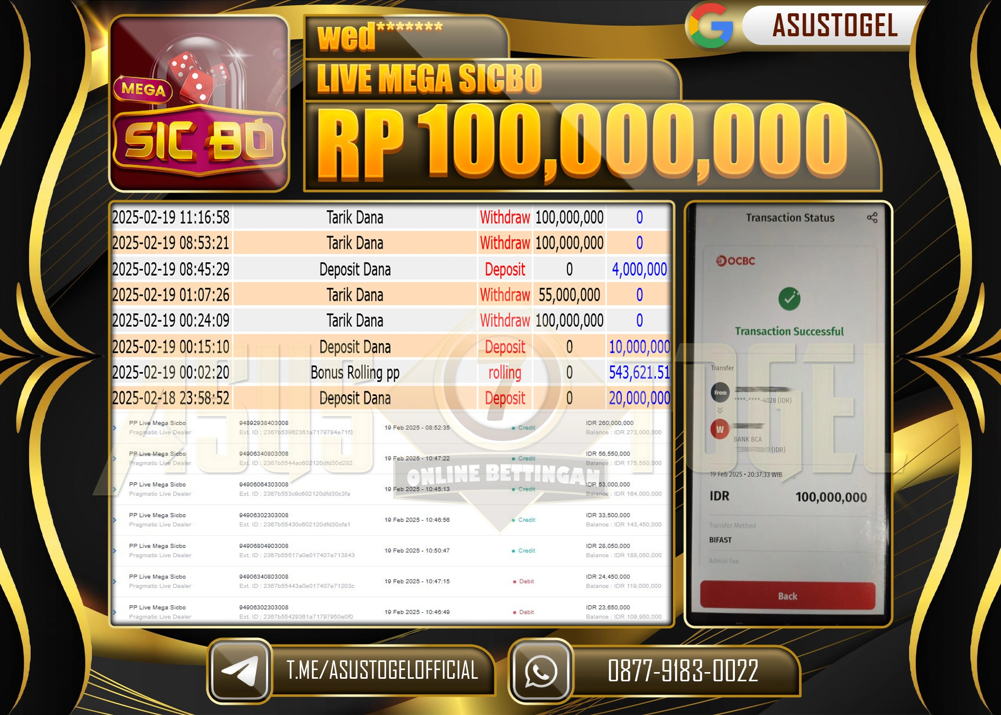 ASUSTOGEL KEMENANGAN DI PP LIVE MEGA SICBO SEBESAR 100.000.000 - RUPIAH LUNAS