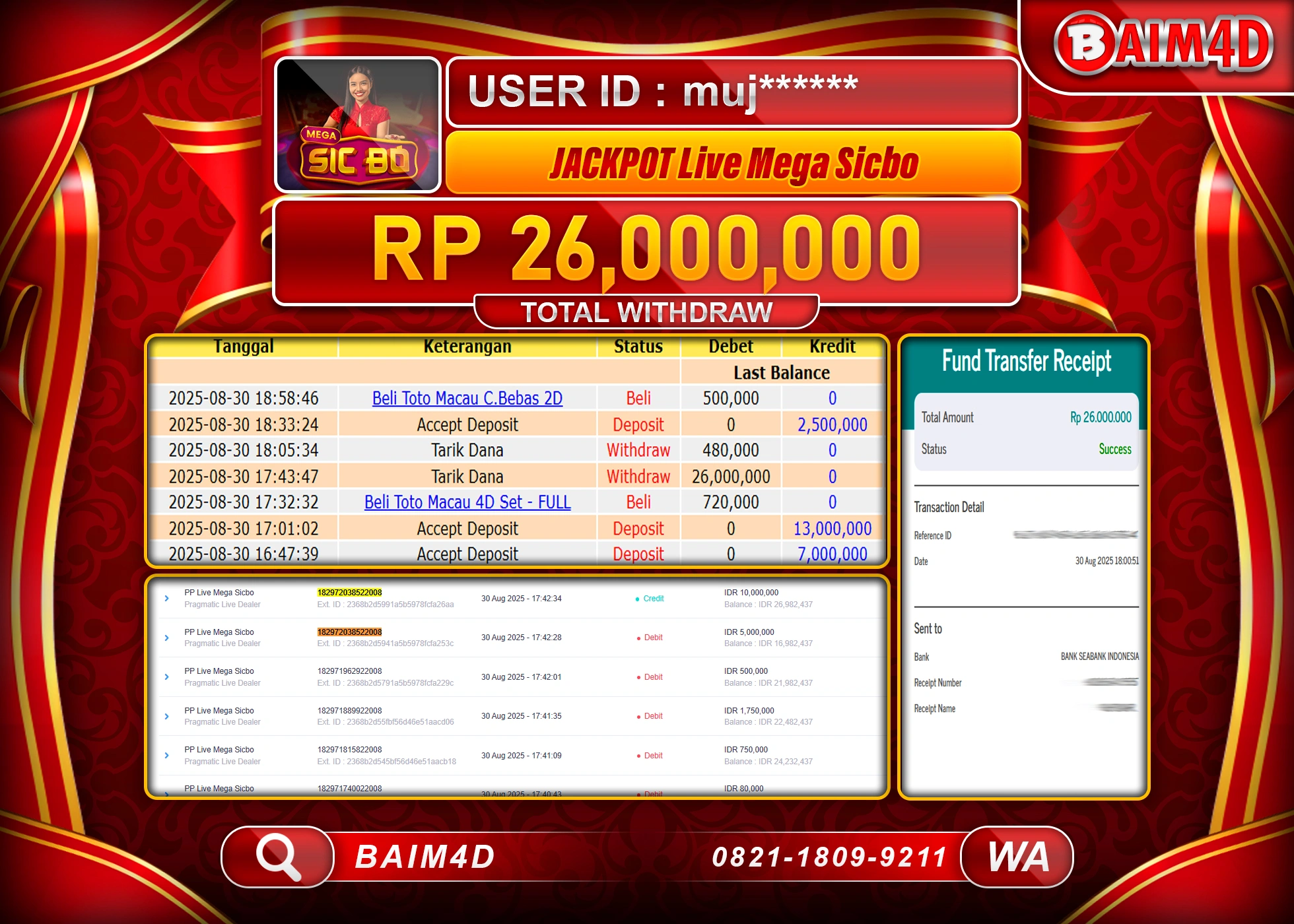 BAIM4D JACKPOT LIVE PRAGMATIC MEGA SICBO Rp.26,000,000.- LUNAS