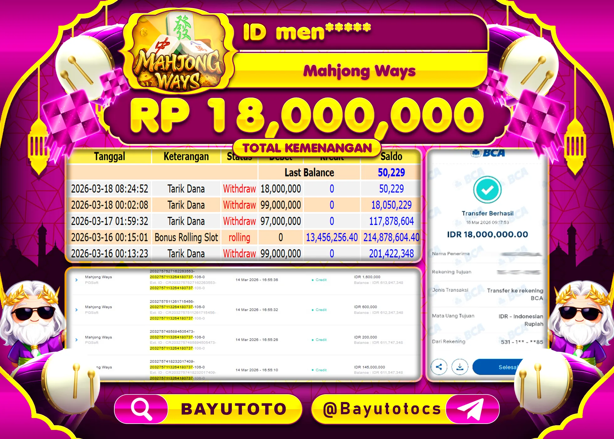 SELAMAT MEMBER SETIA BAYUTOTO JACKPOT DI SLOT MAHJONG WAYS (PGSOFT) Rp. 18,000,000 LUNAS