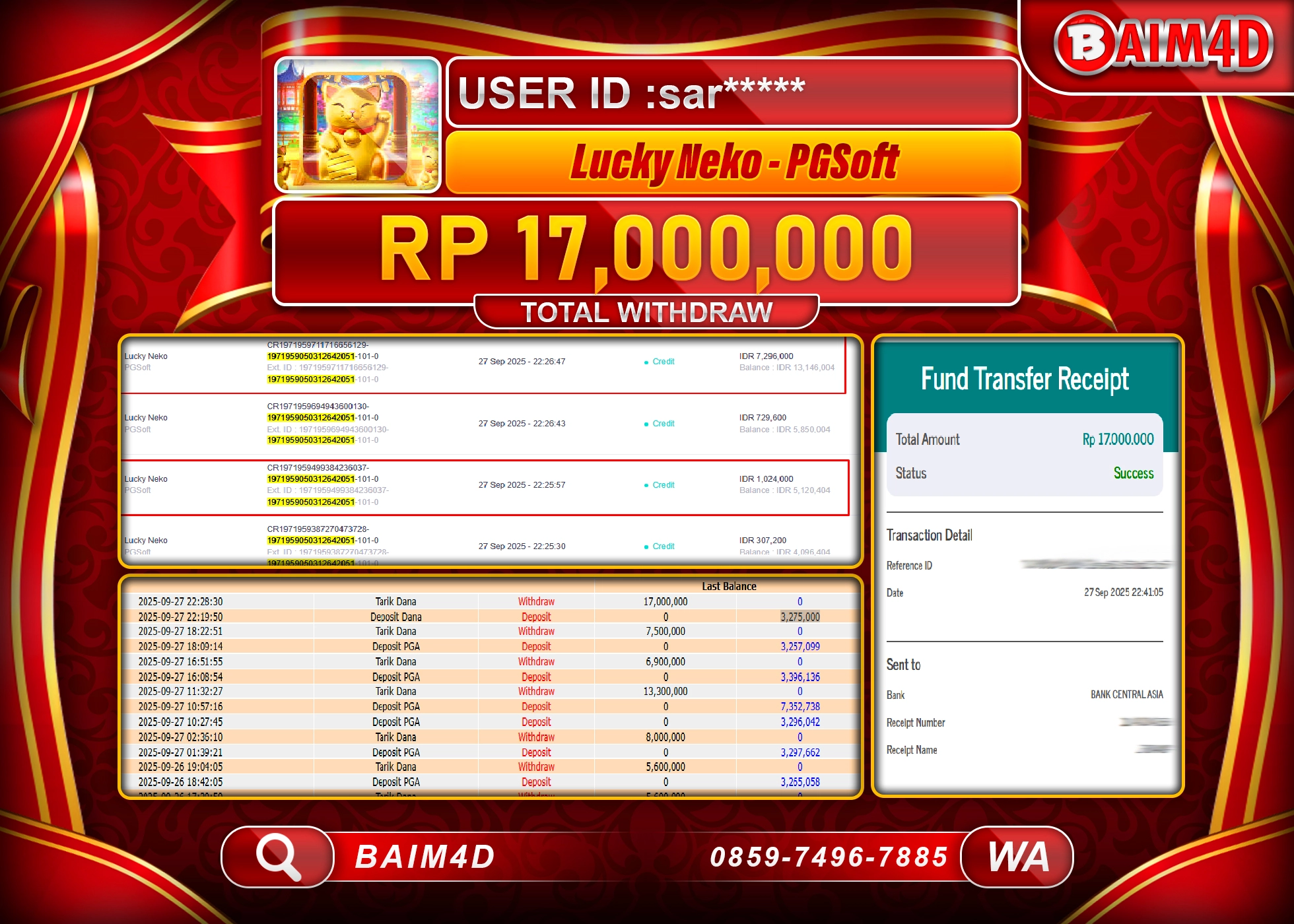 BAIM4D JACKPOT SLOT LUCKY NEKO PG SOFT Rp.17,000,000.- LUNAS
