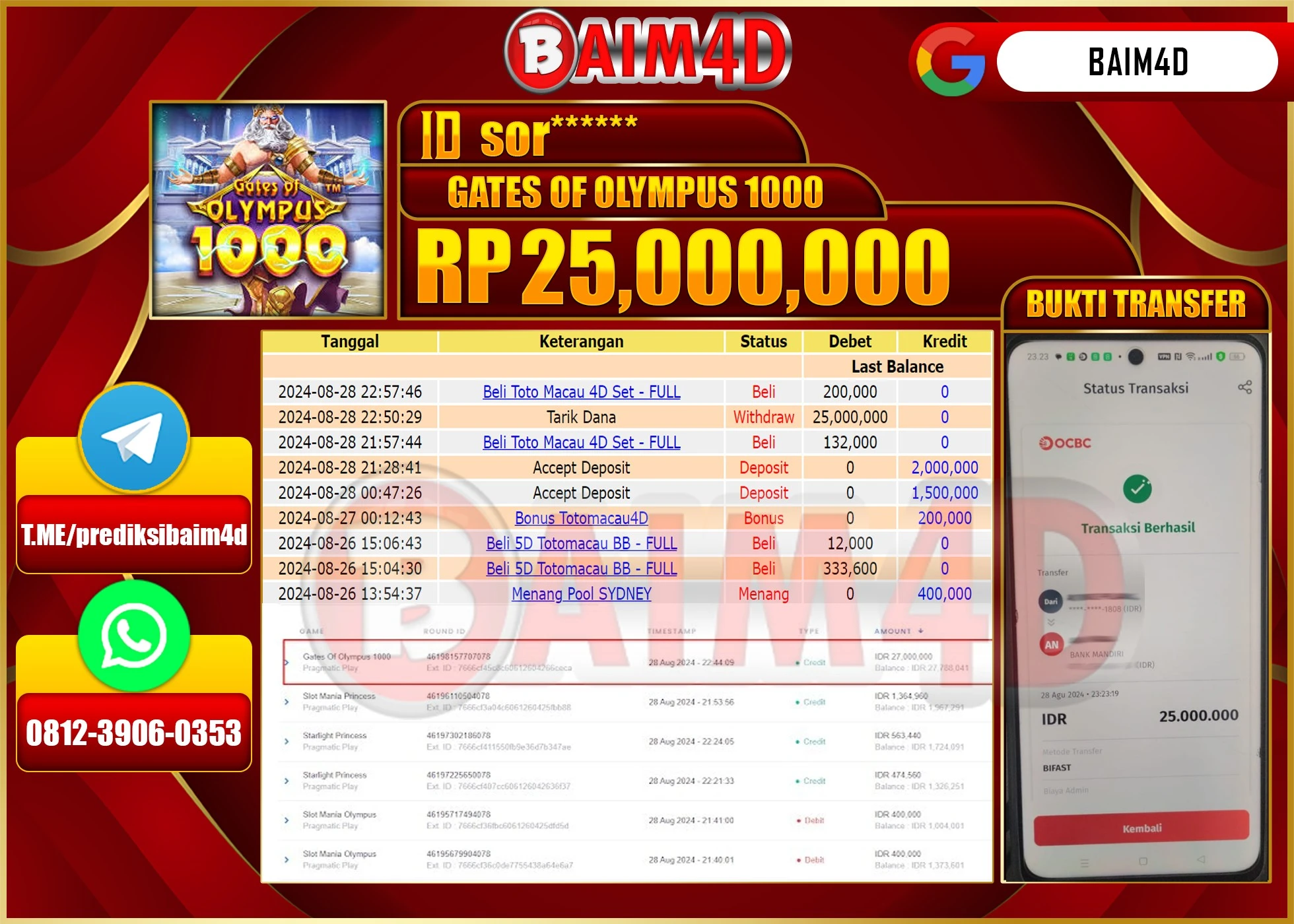 BAIM4D JACKPOT GATES OF OLYMPUS 1000 Rp.25.000,000.- LUNAS