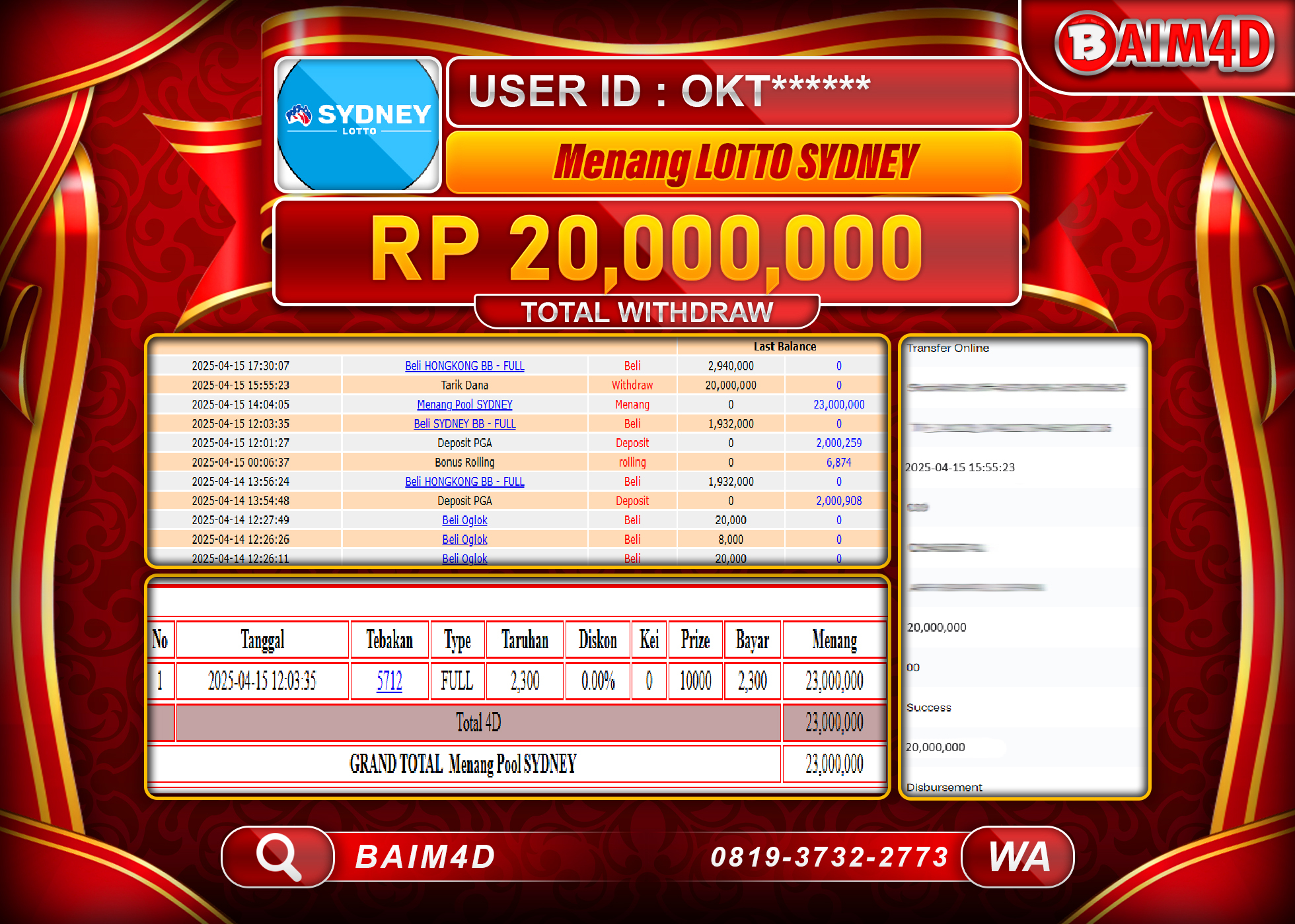 BAIM4D MENANG  JACKPOTS LOTTO SYDNEY  Rp.20.000,000.- LUNAS