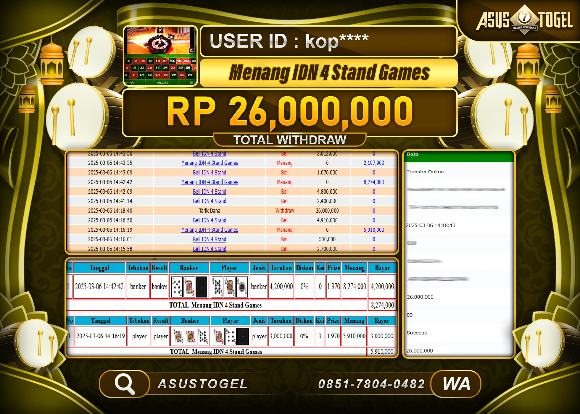 ASUSTOGEL KEMENANGAN DI IDN 4 STAND GAMES SEBESAR 26,000,000- RUPIAH LUNAS
