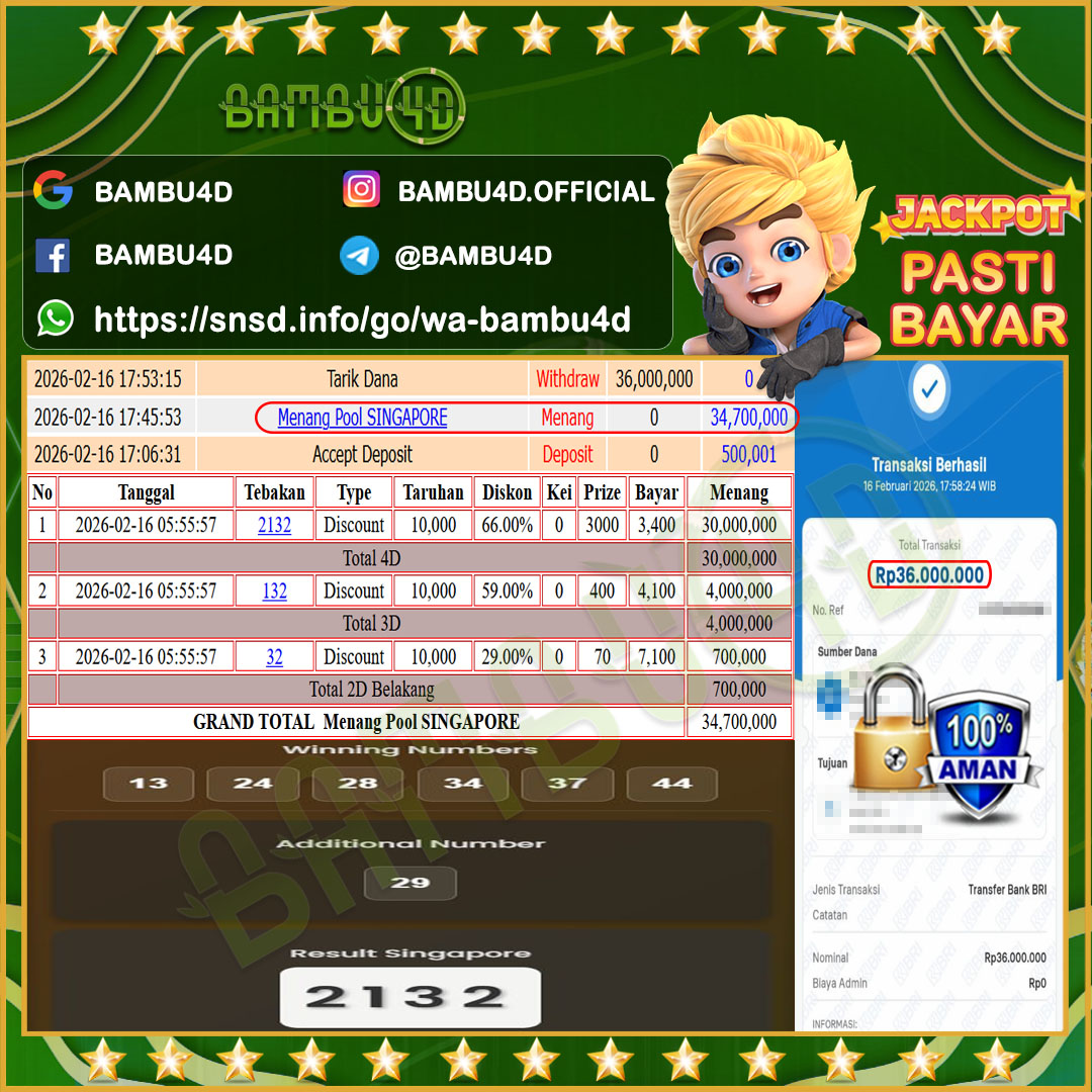 BAMBU4D JACKPOT TOGEL SINGAPORE POOLS Rp.34.700.000,- LUNAS