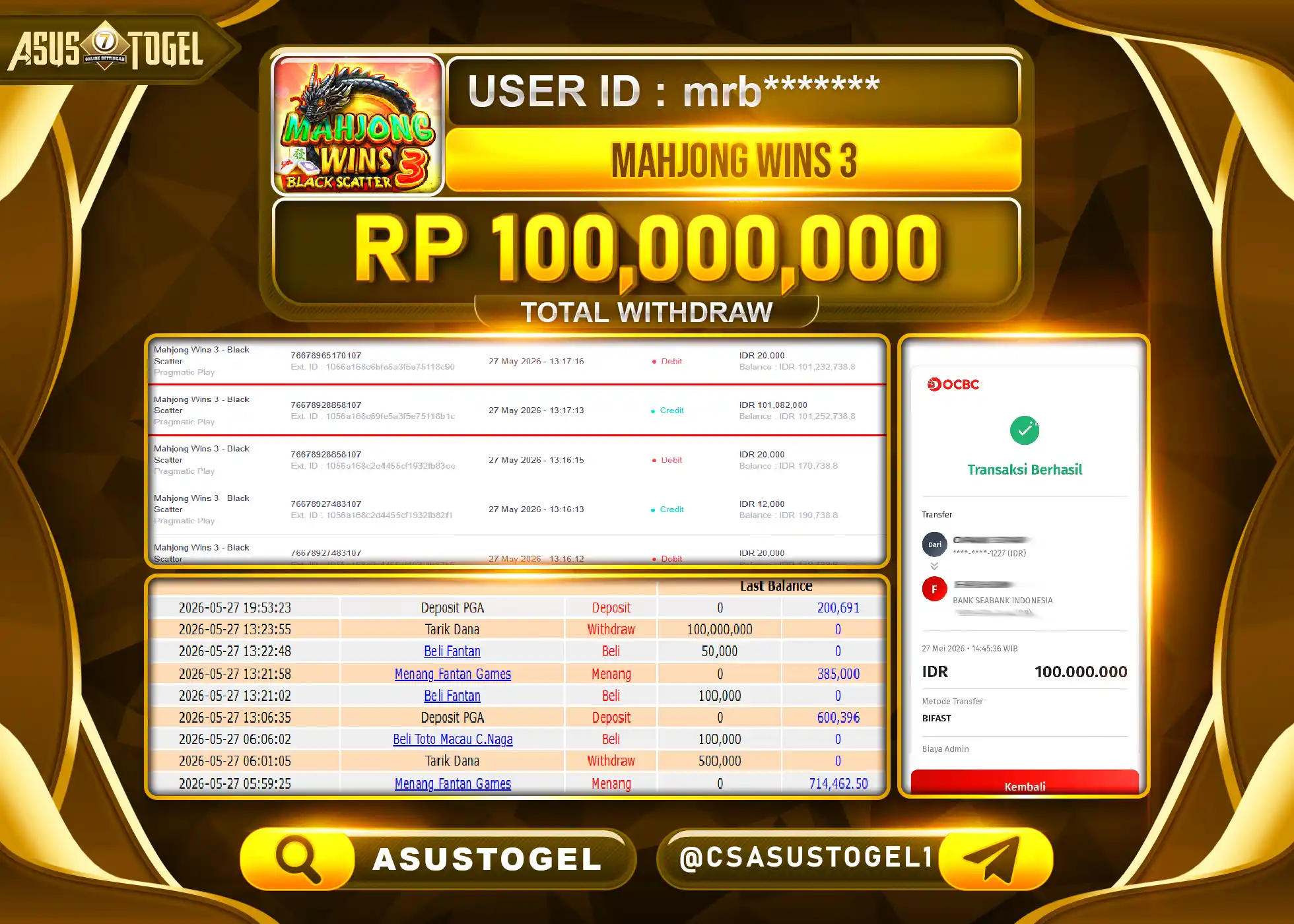 ASUSTOGEL KEMENANGAN JACKPOT  PERMAINAN SLOT MAHJONG WINS 3 Rp.100,000,000 - RUPIAH LUNAS
