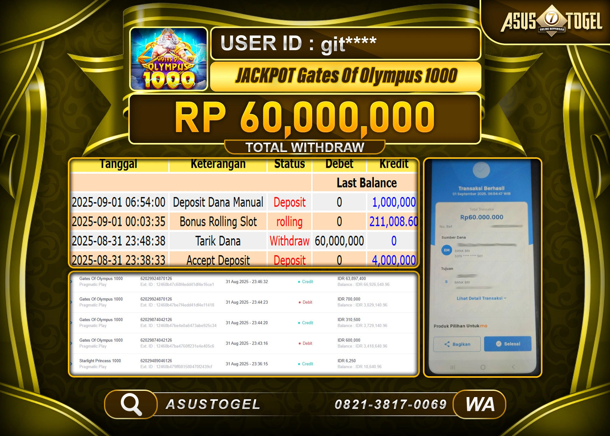 ASUSTOGEL KEMENANGAN DI SLOT GATES OF OLYMPUS 1000 SEBESAR 60,000,000- RUPIAH LUNAS